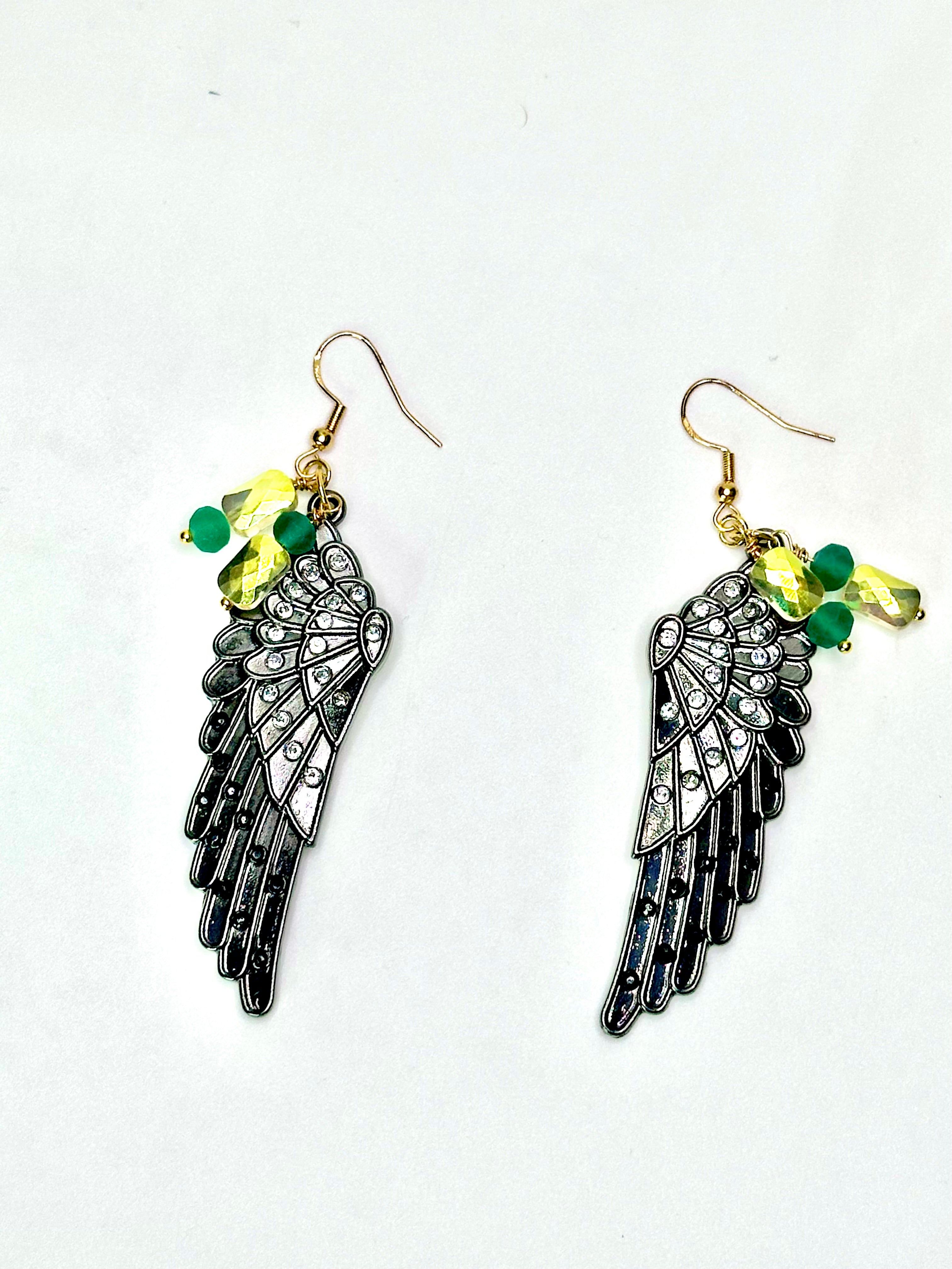 Black Metal Angel Wing Earrings – Rhinestone & Crystal Accents with Gold-Plated Hooks
