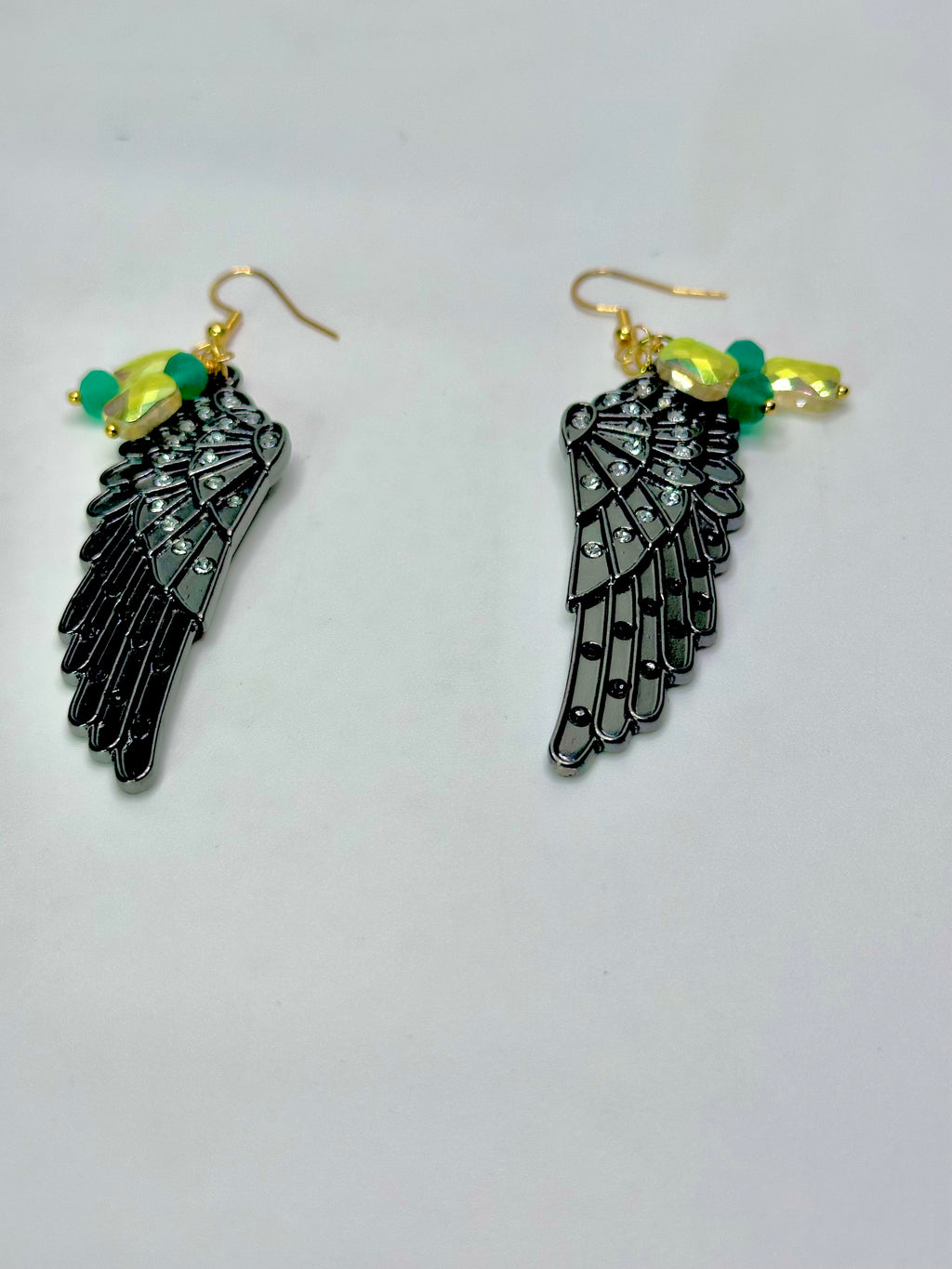 Black Metal Angel Wing Earrings – Rhinestone & Crystal Accents with Gold-Plated Hooks