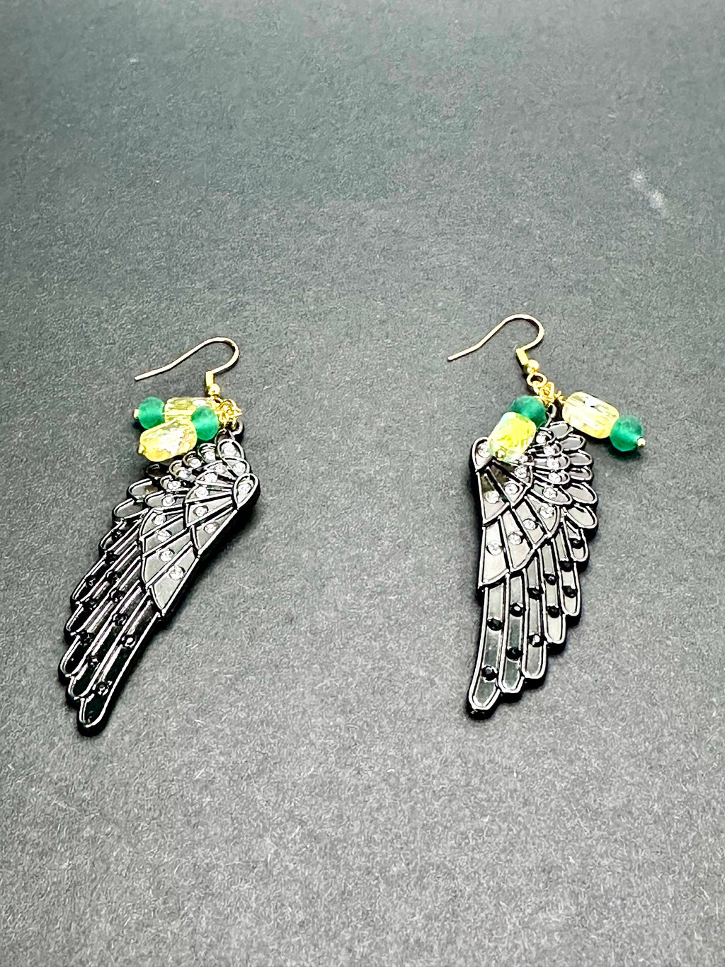 Black Metal Angel Wing Earrings – Rhinestone & Crystal Accents with Gold-Plated Hooks