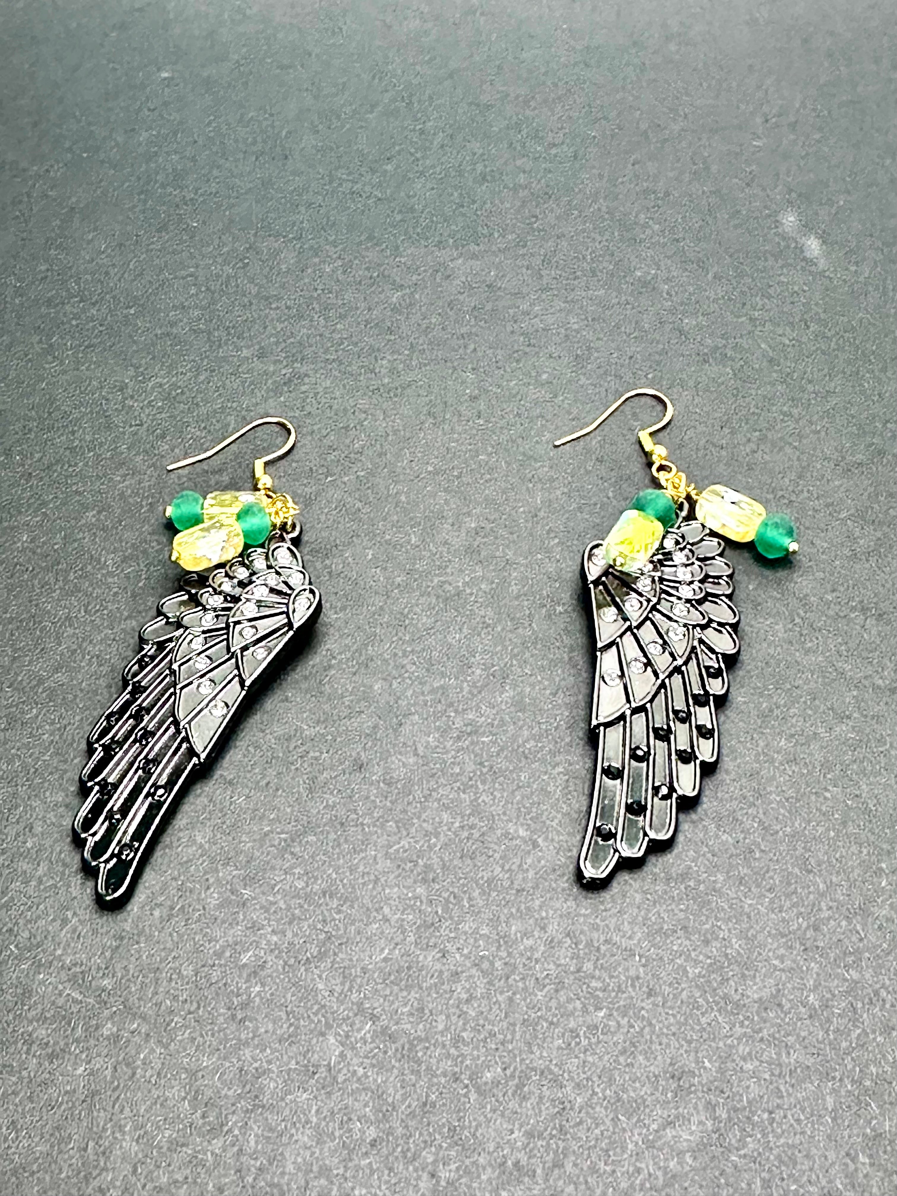 Black Metal Angel Wing Earrings – Rhinestone & Crystal Accents with Gold-Plated Hooks