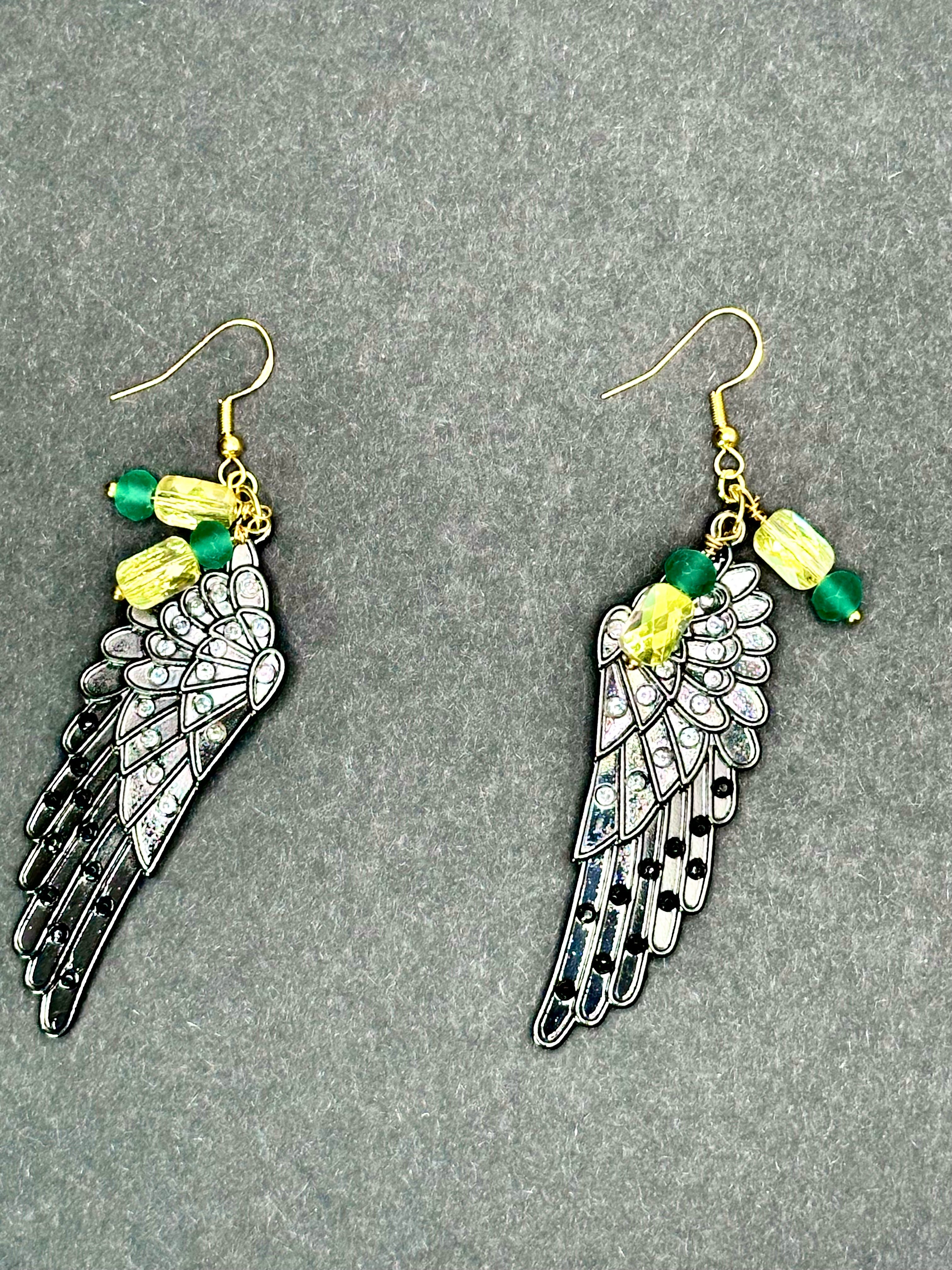 Black Metal Angel Wing Earrings – Rhinestone & Crystal Accents with Gold-Plated Hooks
