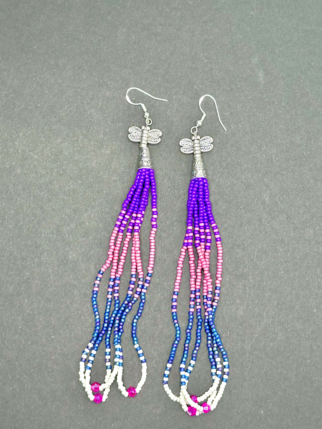 Dragonfly Loop Fringe Beaded Earrings – Purple, Mauve & White with Pink Crystal Accents