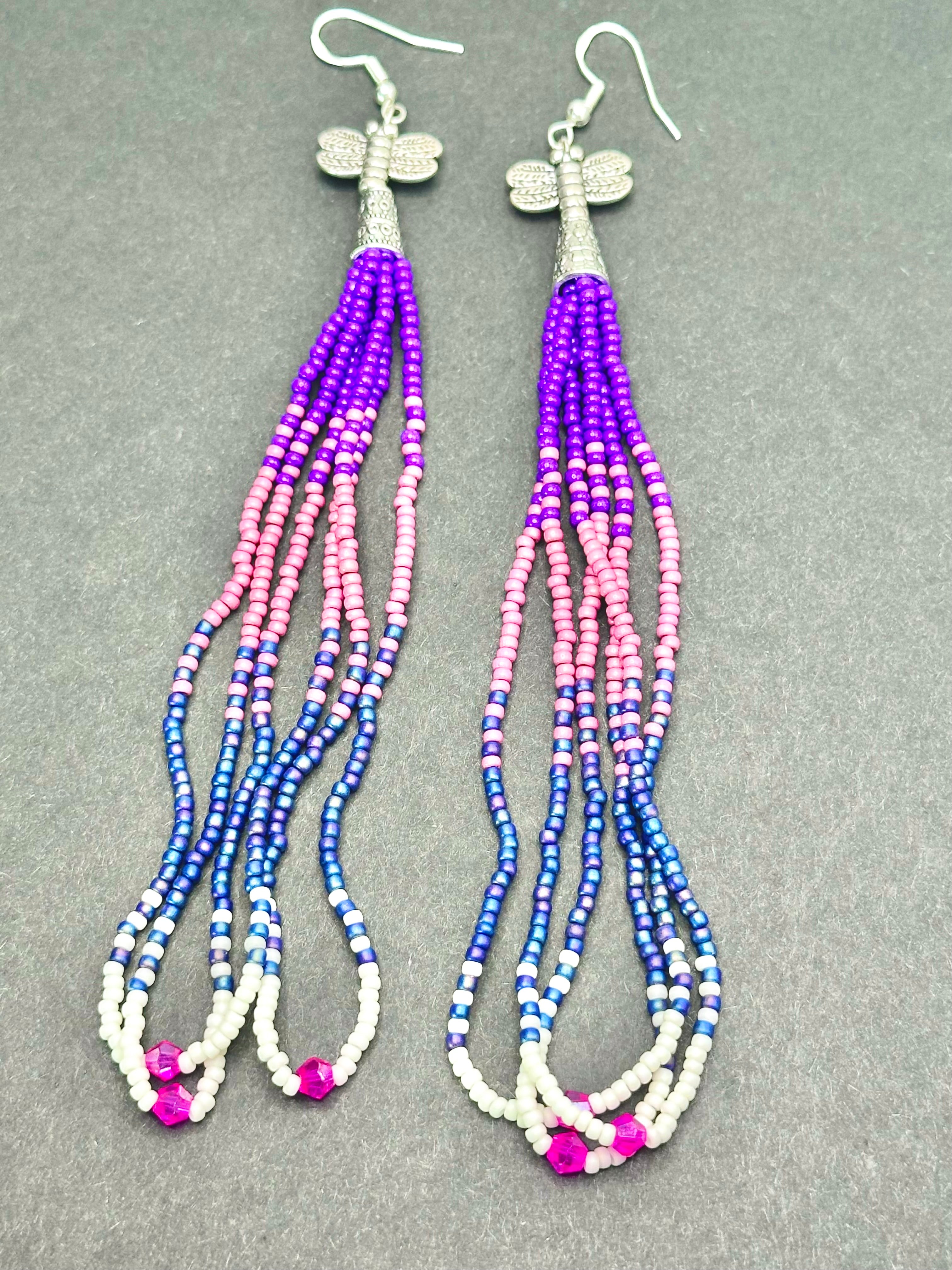 Dragonfly Loop Fringe Beaded Earrings – Purple, Mauve & White with Pink Crystal Accents
