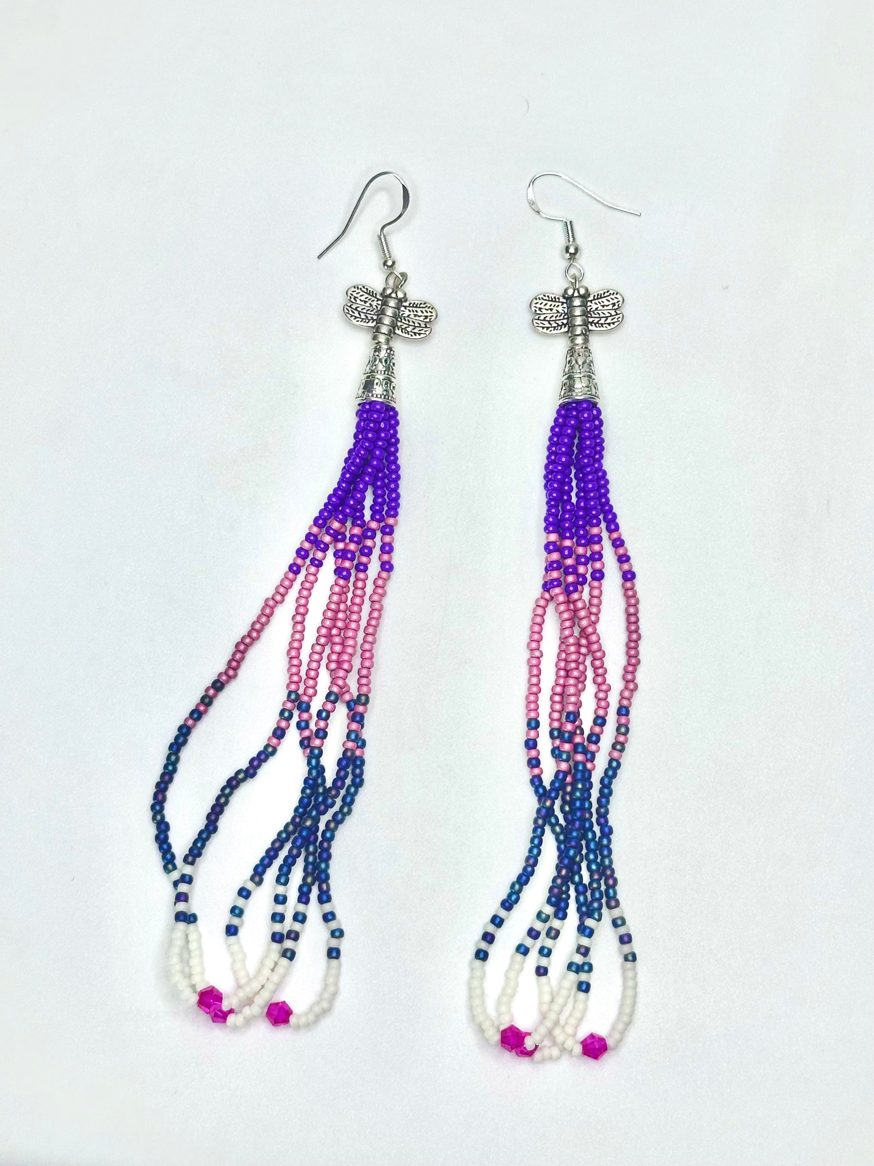 Dragonfly Loop Fringe Beaded Earrings – Purple, Mauve & White with Pink Crystal Accents