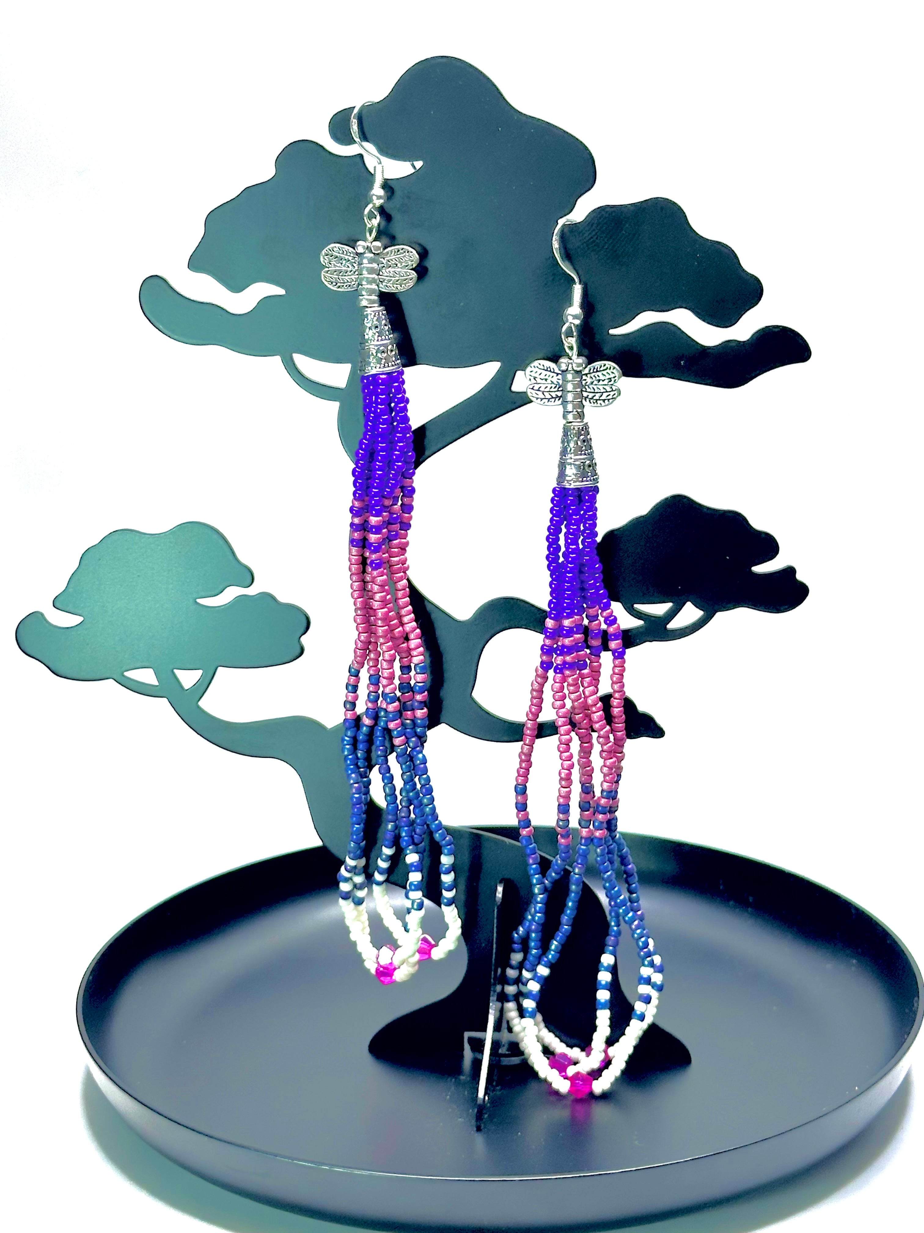 Dragonfly Loop Fringe Beaded Earrings – Purple, Mauve & White with Pink Crystal Accents