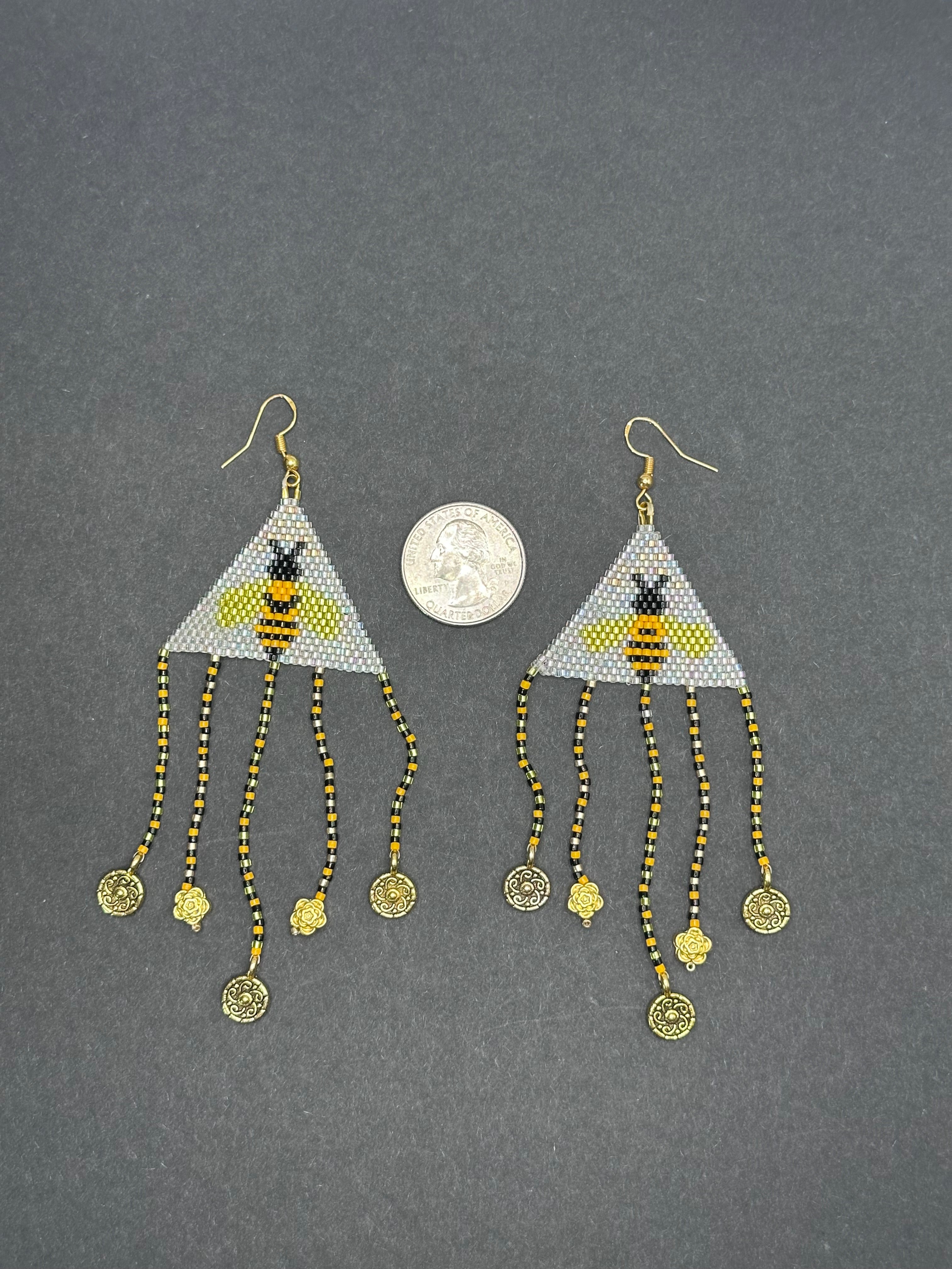 Honey Bee Beaded Earrings – Brick Stitch with Fringe & Sterling Silver Hooks