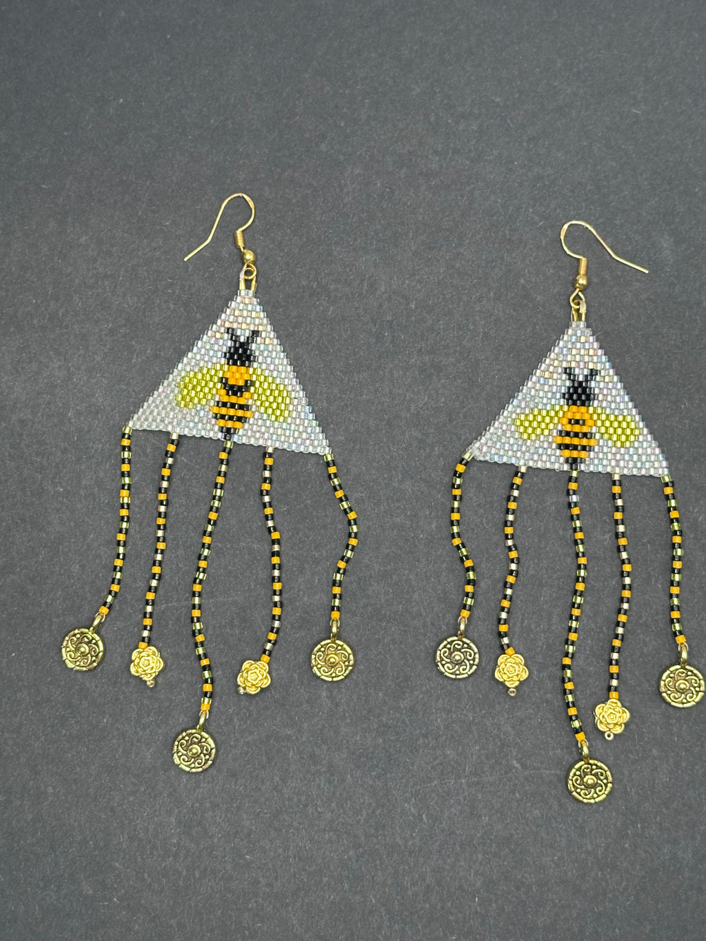 Honey Bee Beaded Earrings – Brick Stitch with Fringe & Sterling Silver Hooks
