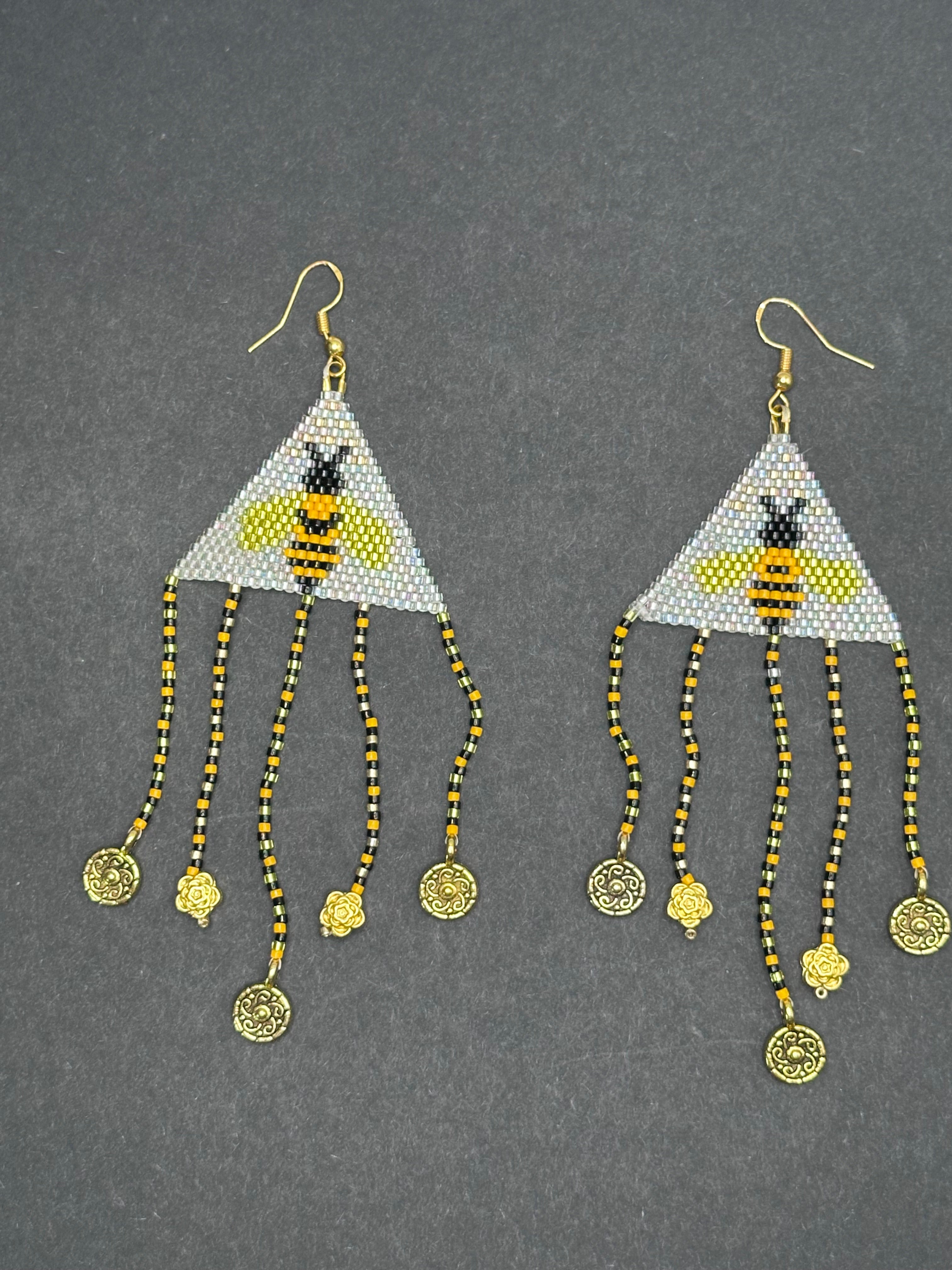 Honey Bee Beaded Earrings – Brick Stitch with Fringe & Sterling Silver Hooks
