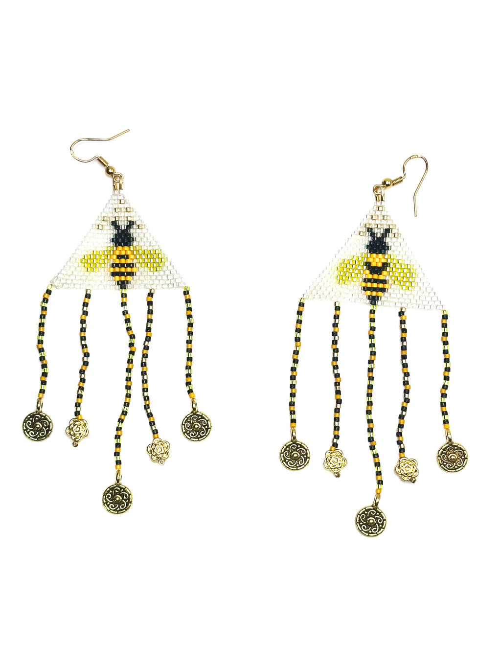 Honey Bee Beaded Earrings – Brick Stitch with Fringe & Sterling Silver Hooks