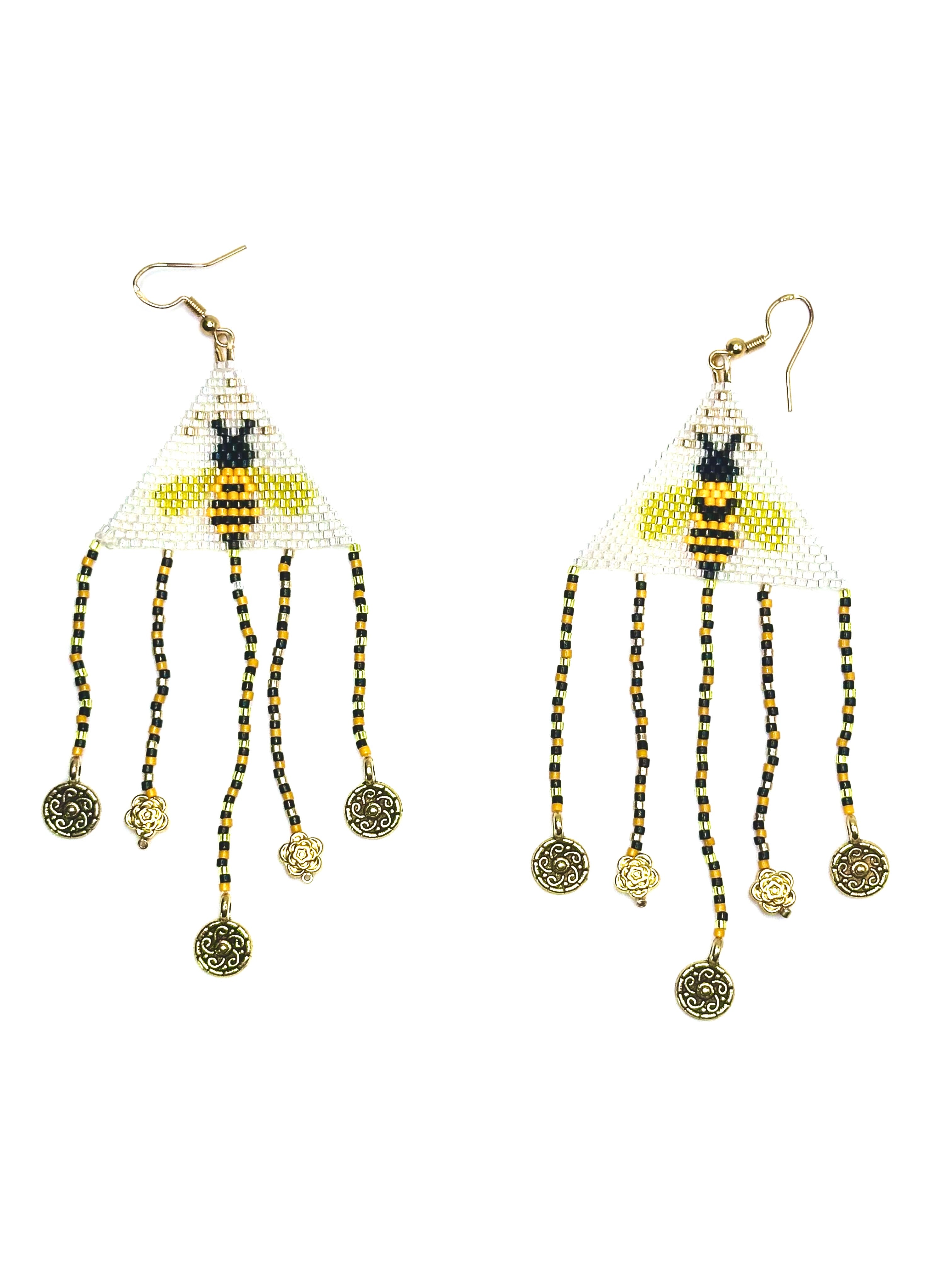 Honey Bee Beaded Earrings – Brick Stitch with Fringe & Sterling Silver Hooks