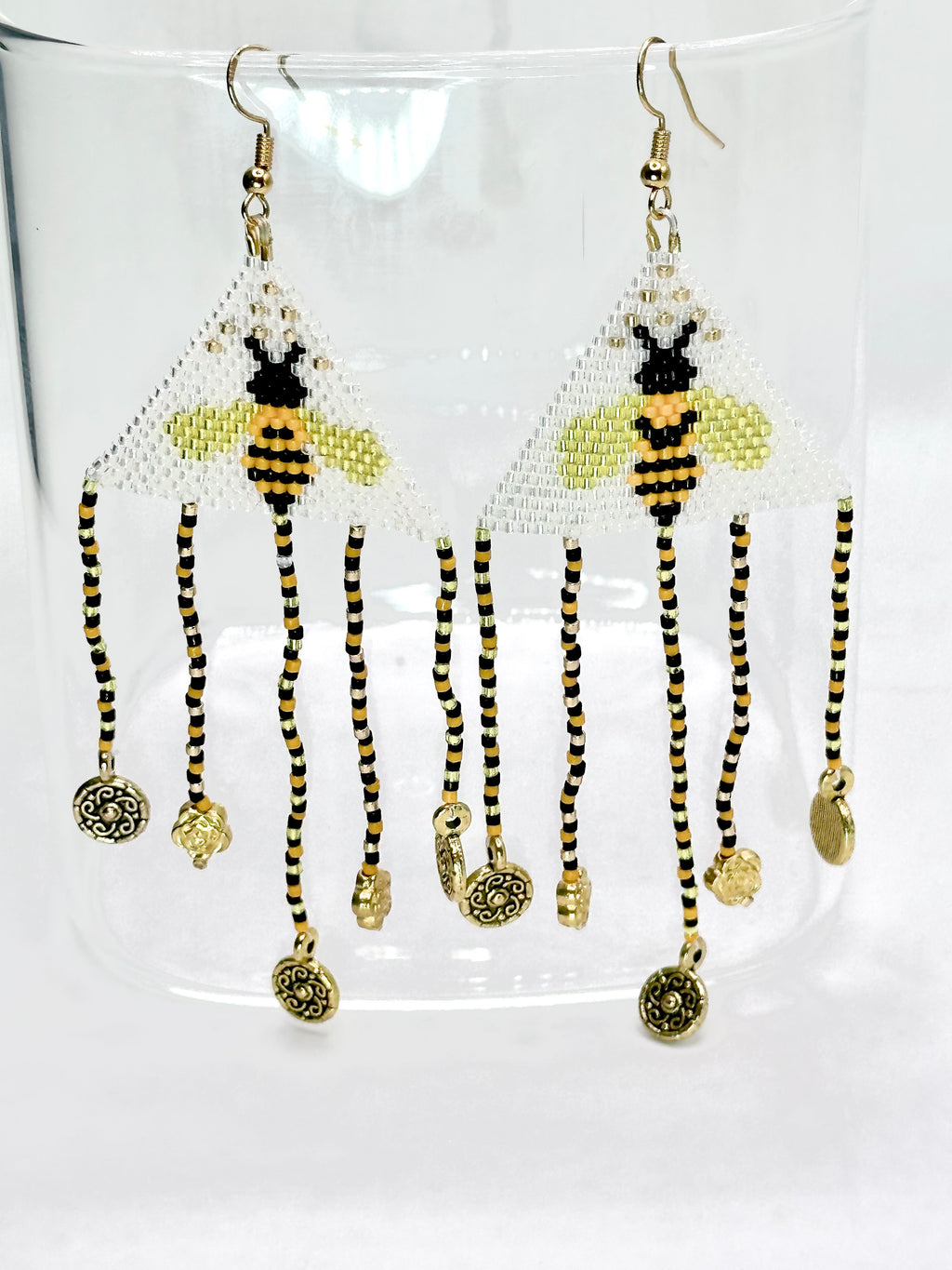 Honey Bee Beaded Earrings – Brick Stitch with Fringe & Sterling Silver Hooks