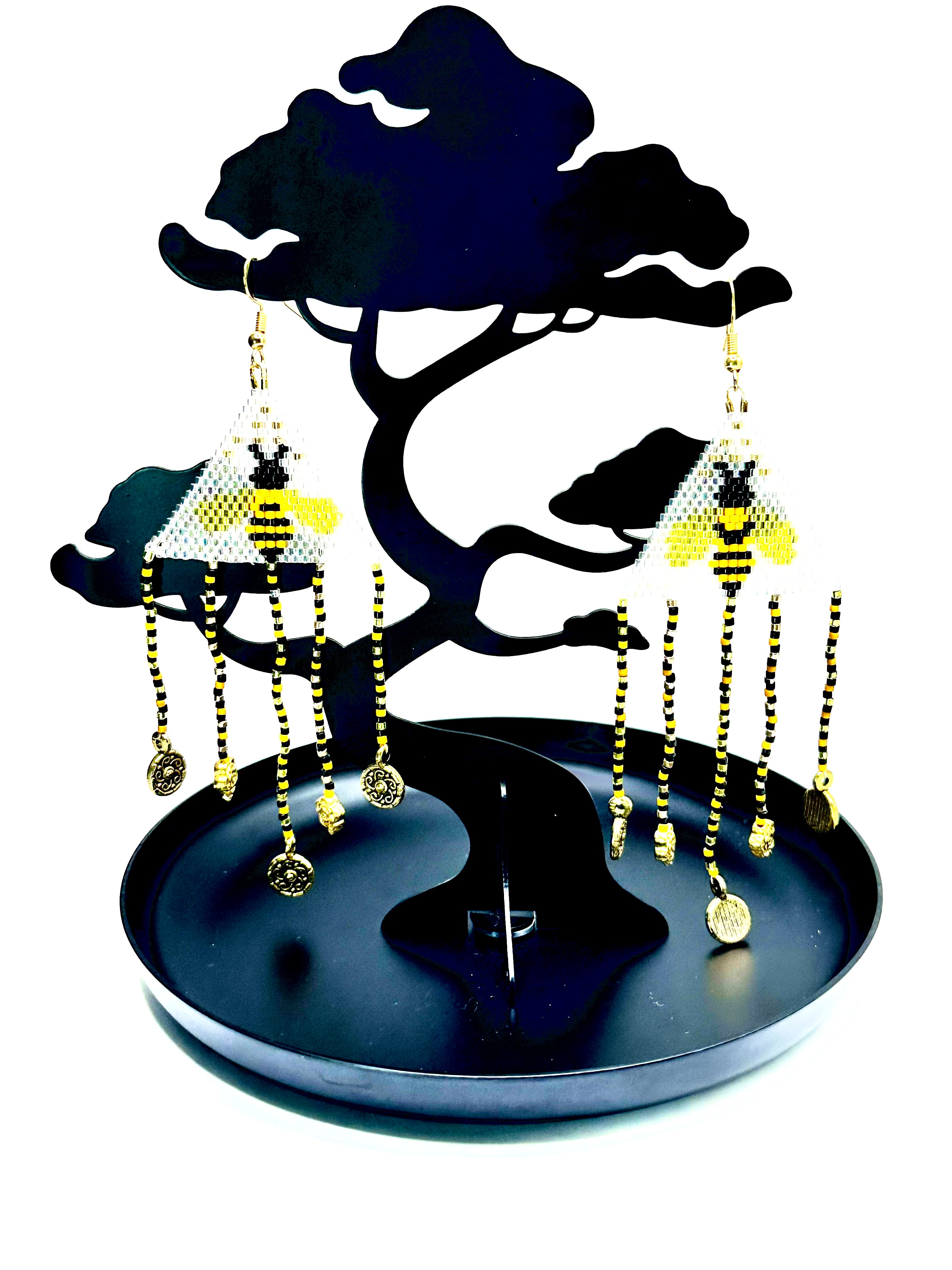 Honey Bee Beaded Earrings – Brick Stitch with Fringe & Sterling Silver Hooks