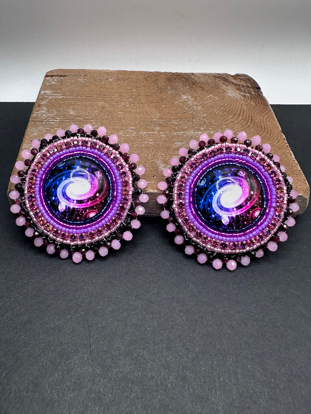 Pink Galaxy Cabochon Earrings – Garnet Edge, Rhinestones & Leather Backing