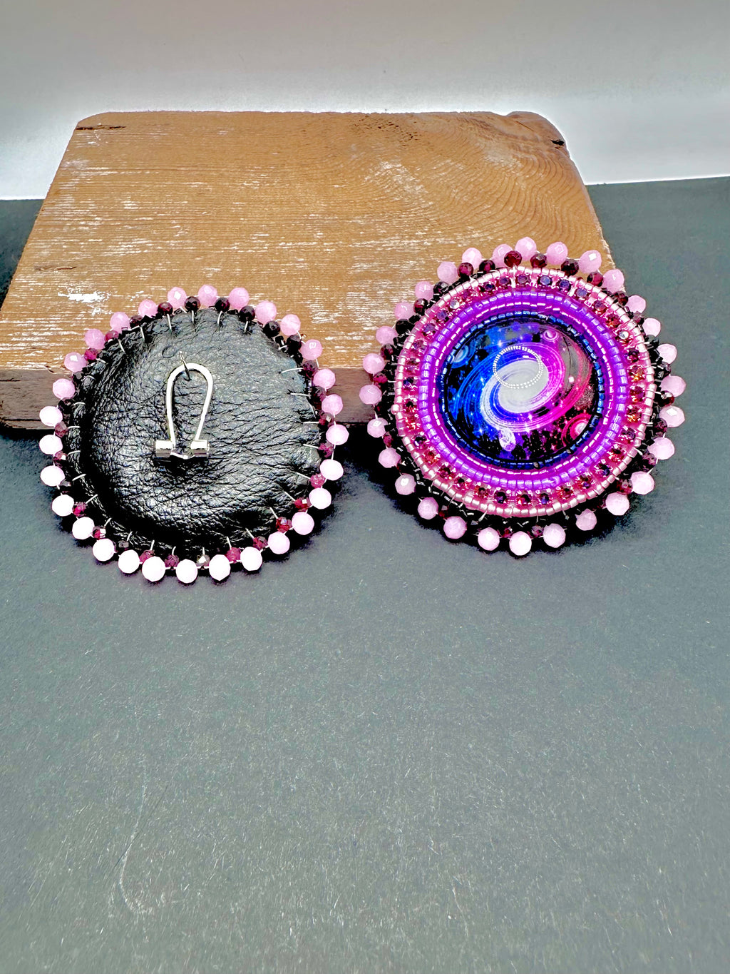 Pink Galaxy Cabochon Earrings – Garnet Edge, Rhinestones & Leather Backing