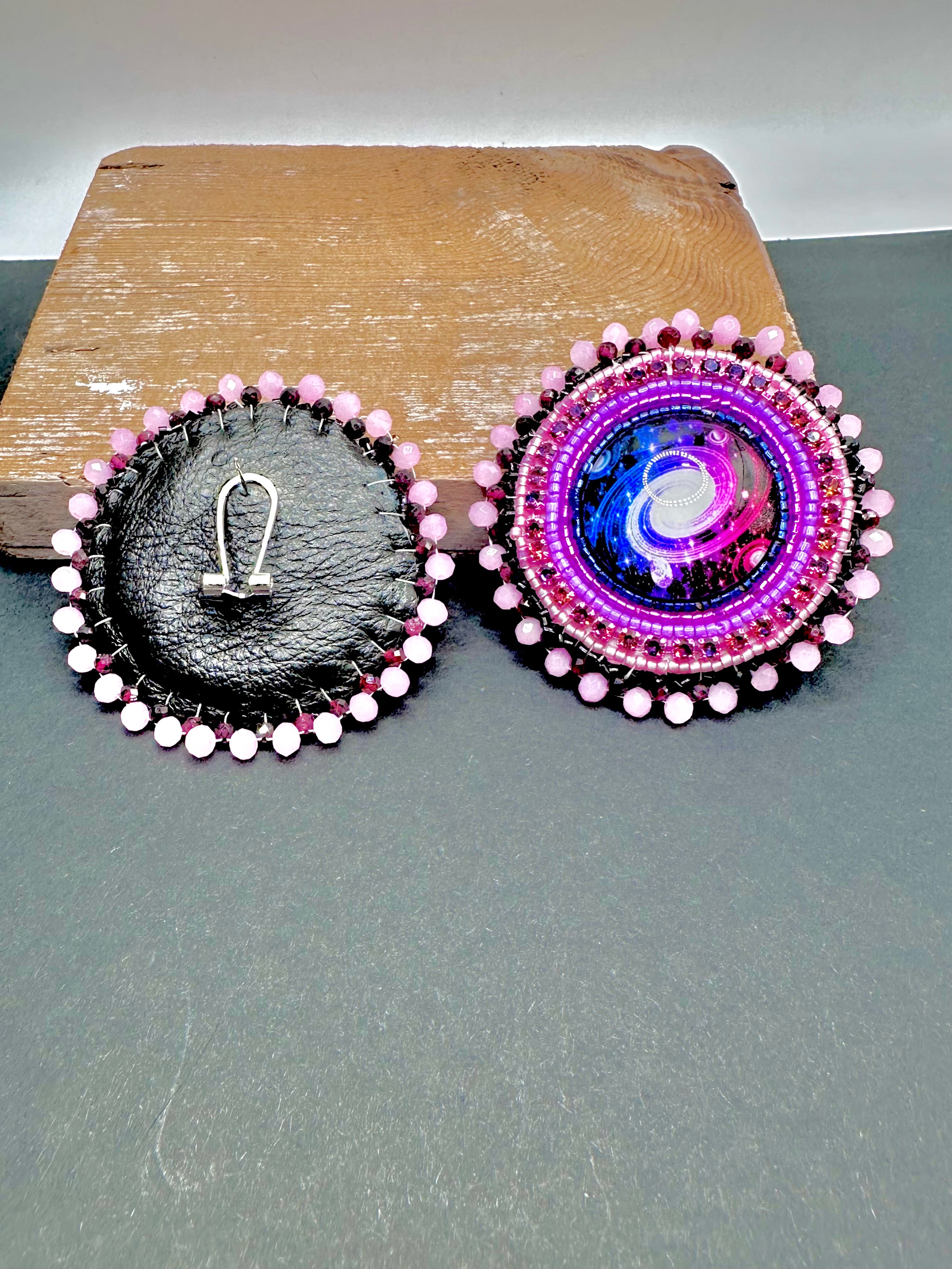 Pink Galaxy Cabochon Earrings – Garnet Edge, Rhinestones & Leather Backing
