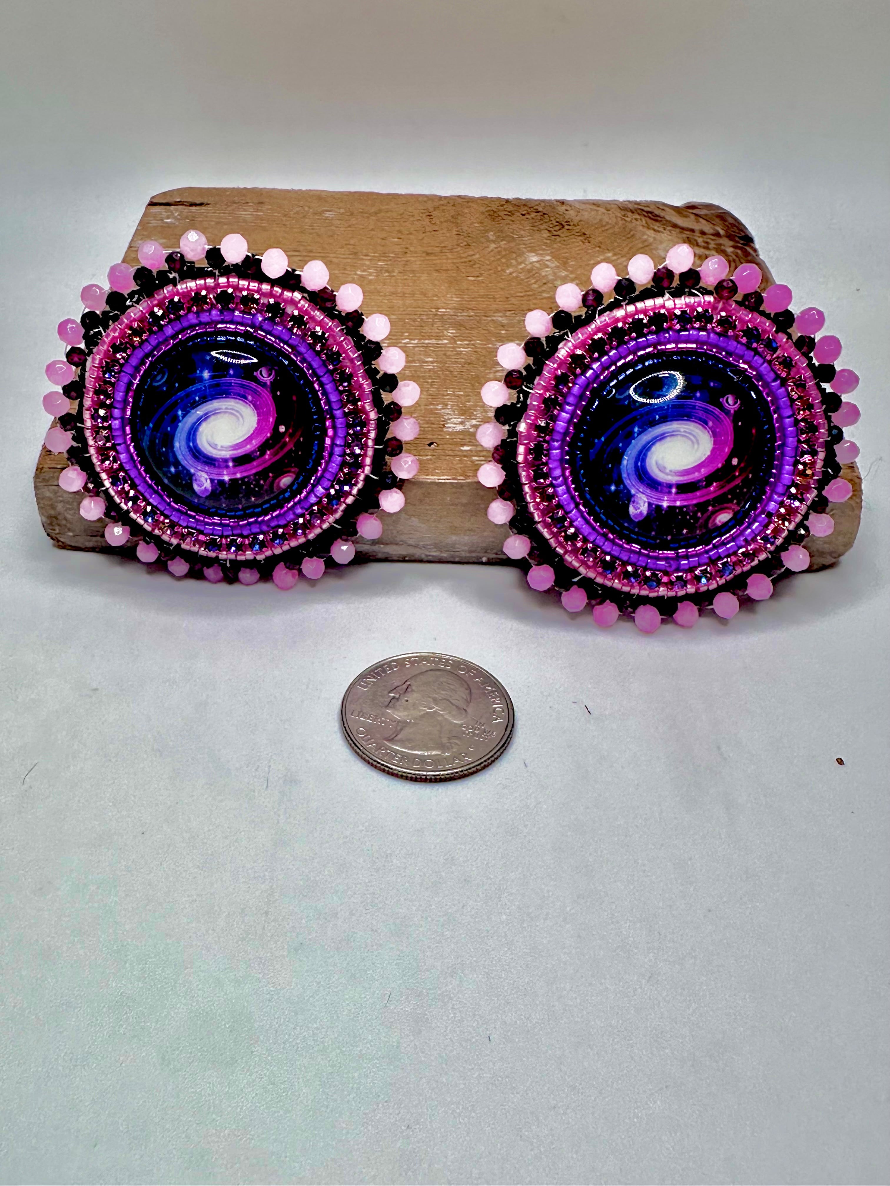 Pink Galaxy Cabochon Earrings – Garnet Edge, Rhinestones & Leather Backing