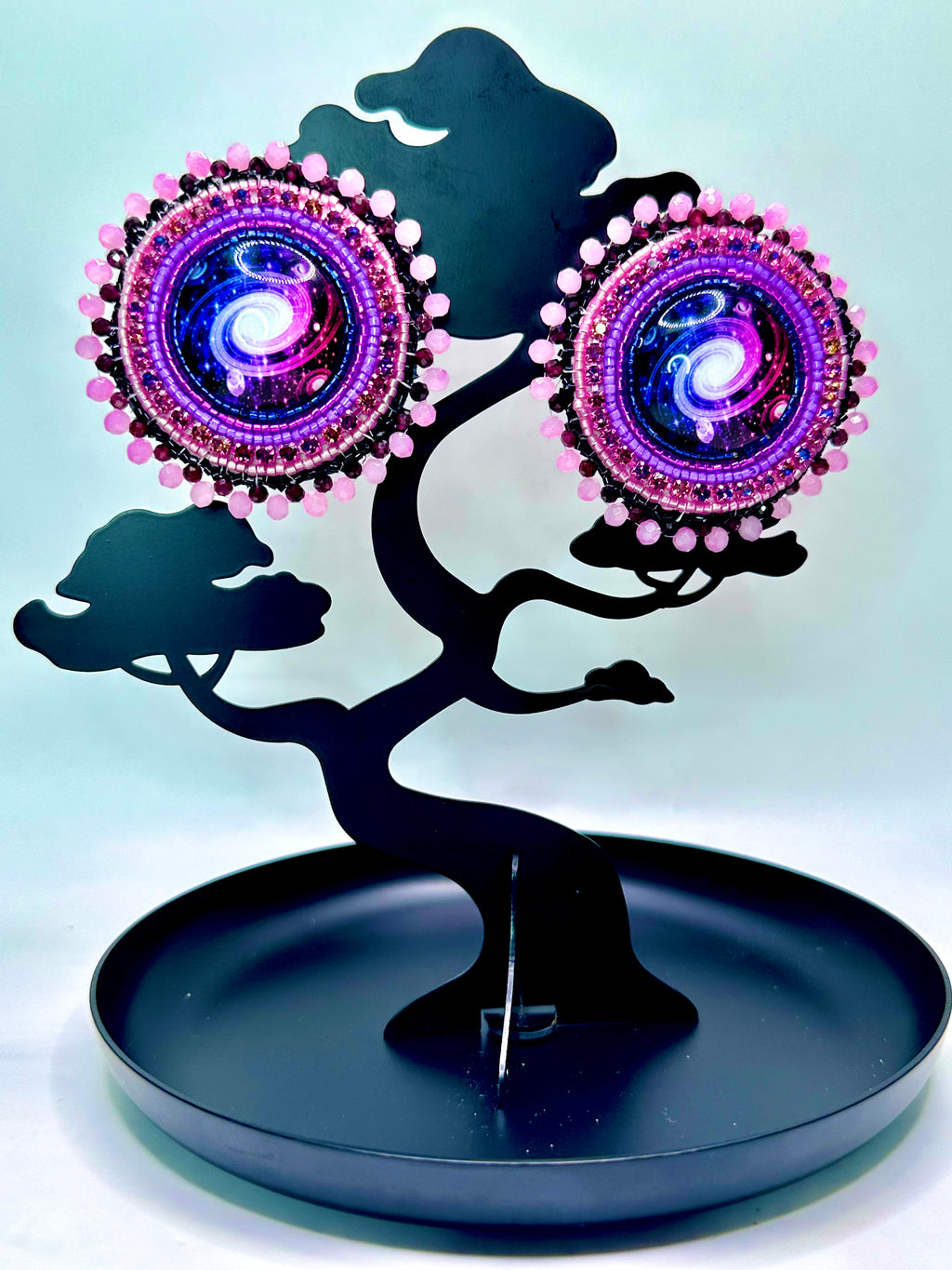 Pink Galaxy Cabochon Earrings – Garnet Edge, Rhinestones & Leather Backing