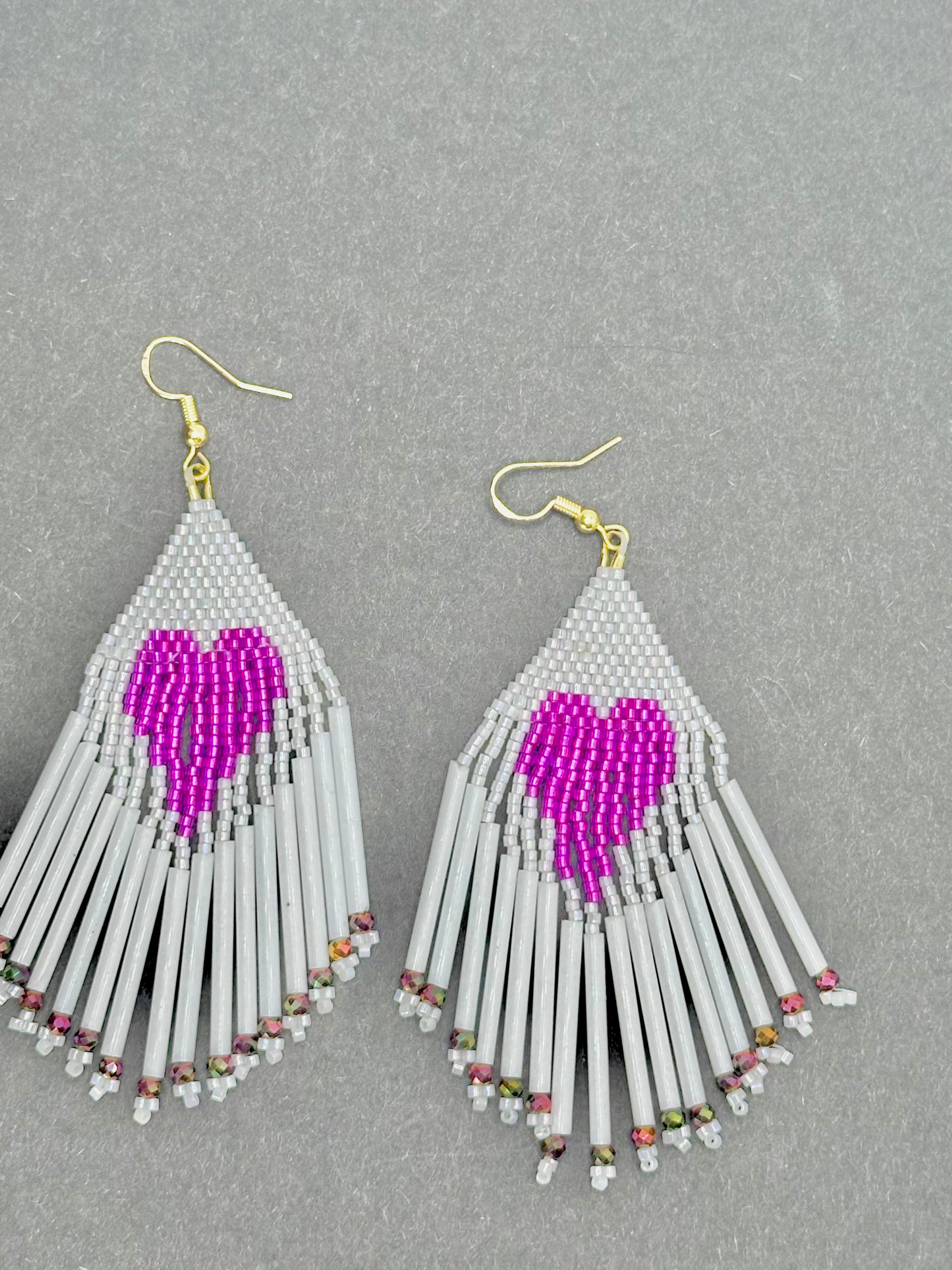 Magenta Heart Fringe Earrings