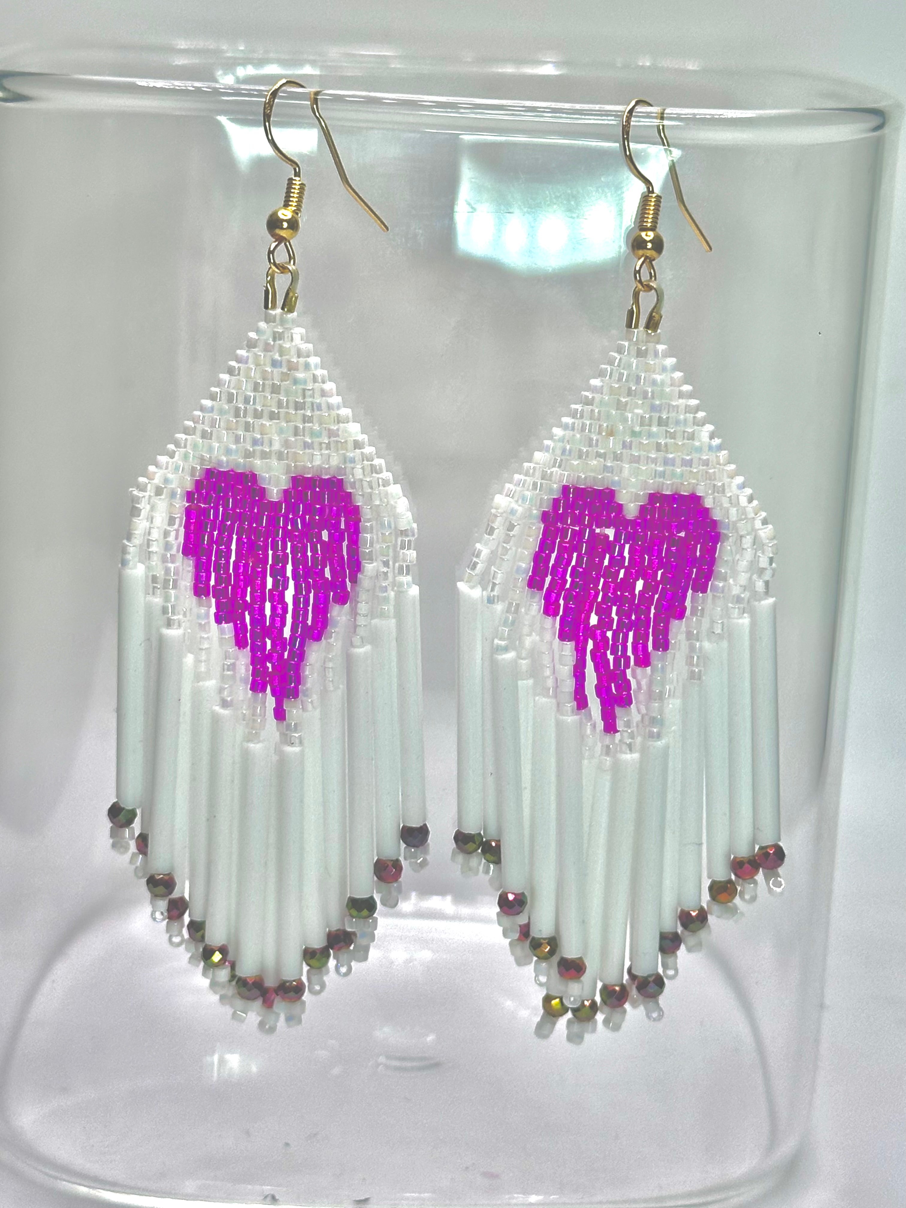 Magenta Heart Fringe Earrings