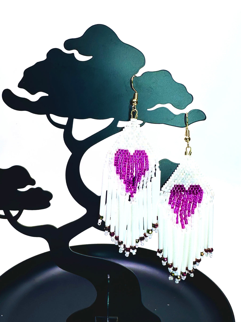 Magenta Heart Fringe Earrings