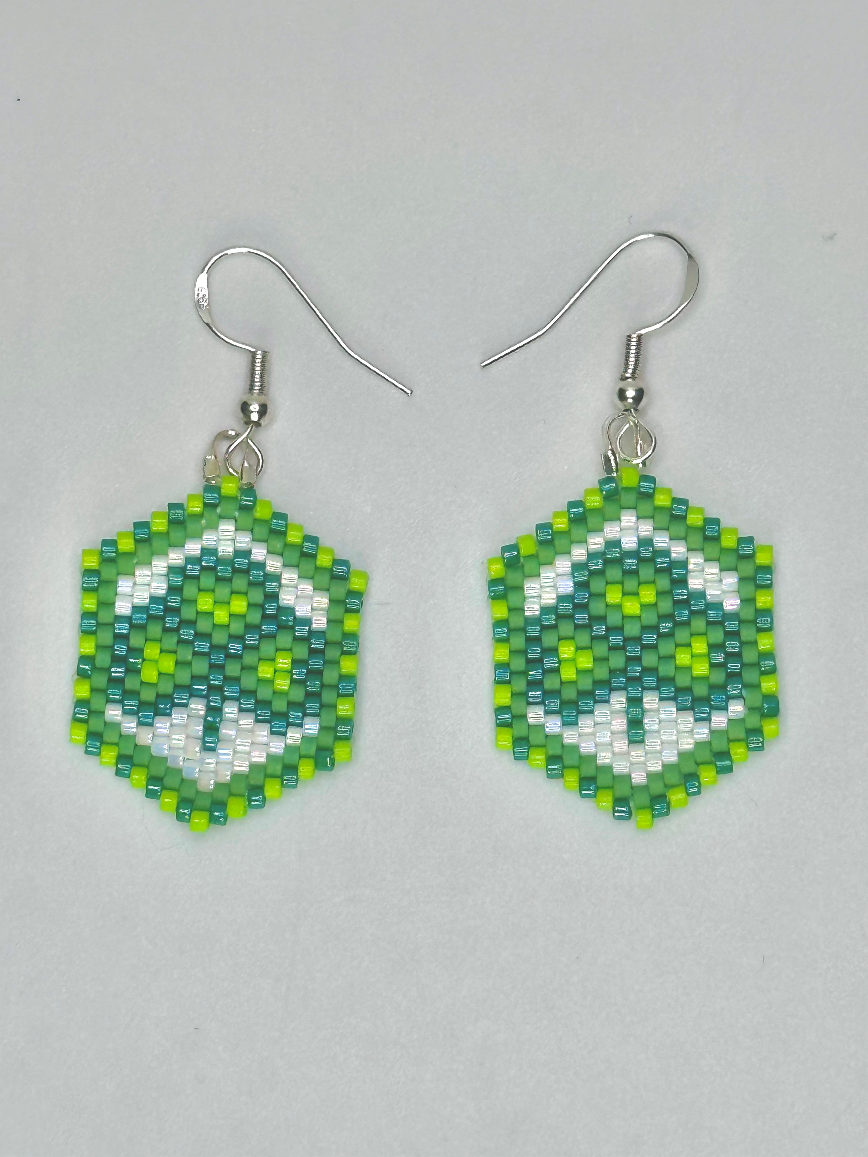 Green Shamrock Beaded Earrings – Brick Stitch with Sterling Silver Hooks