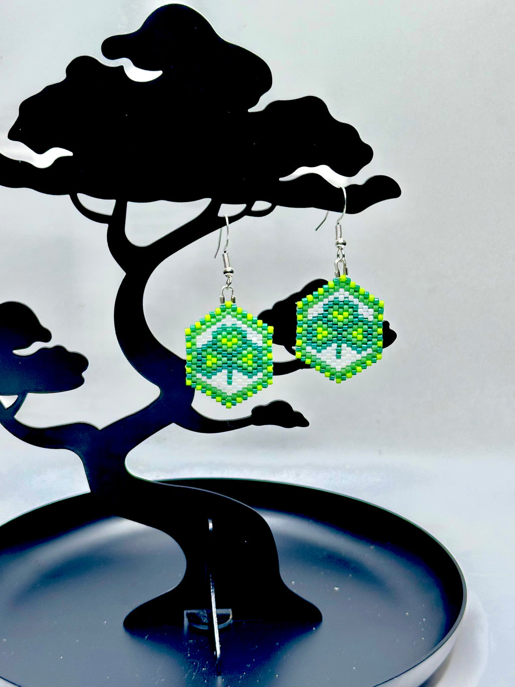 Green Shamrock Beaded Earrings – Brick Stitch with Sterling Silver Hooks