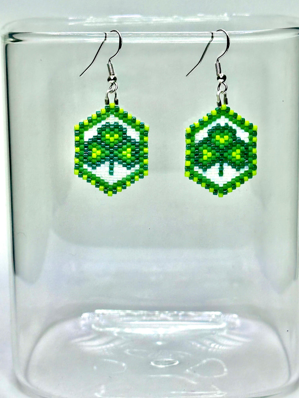 Green Shamrock Beaded Earrings – Brick Stitch with Sterling Silver Hooks