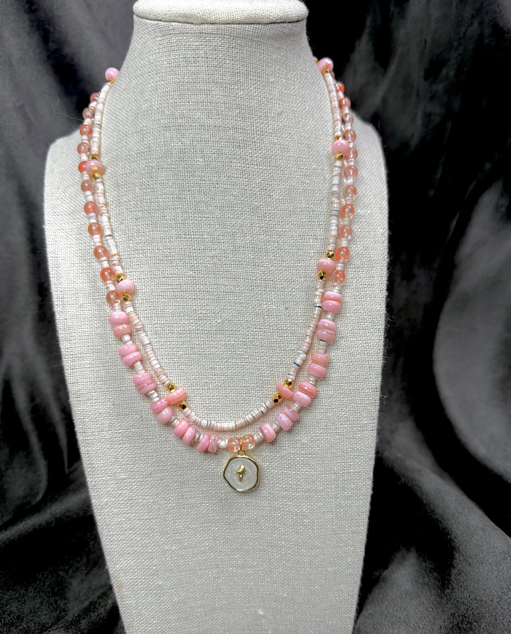 Rose Heishi Beads with Cherry Quartz and Freshwater Pearls Layer Necklaces