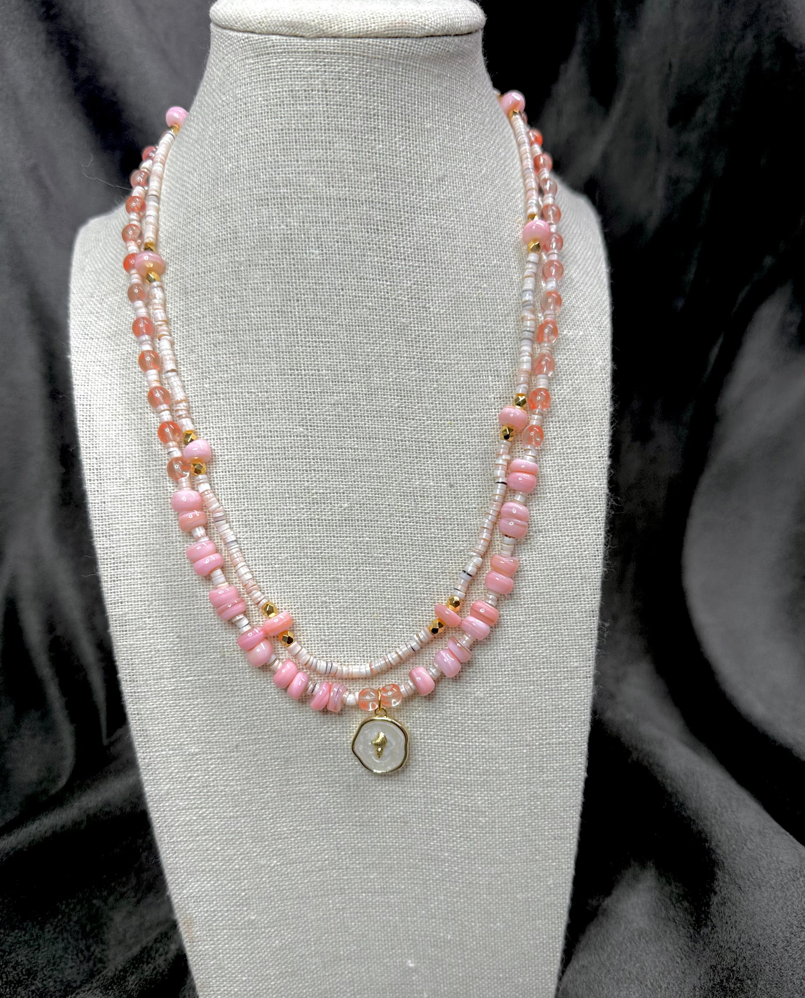 Rose Heishi Beads with Cherry Quartz and Freshwater Pearls Layer Necklaces