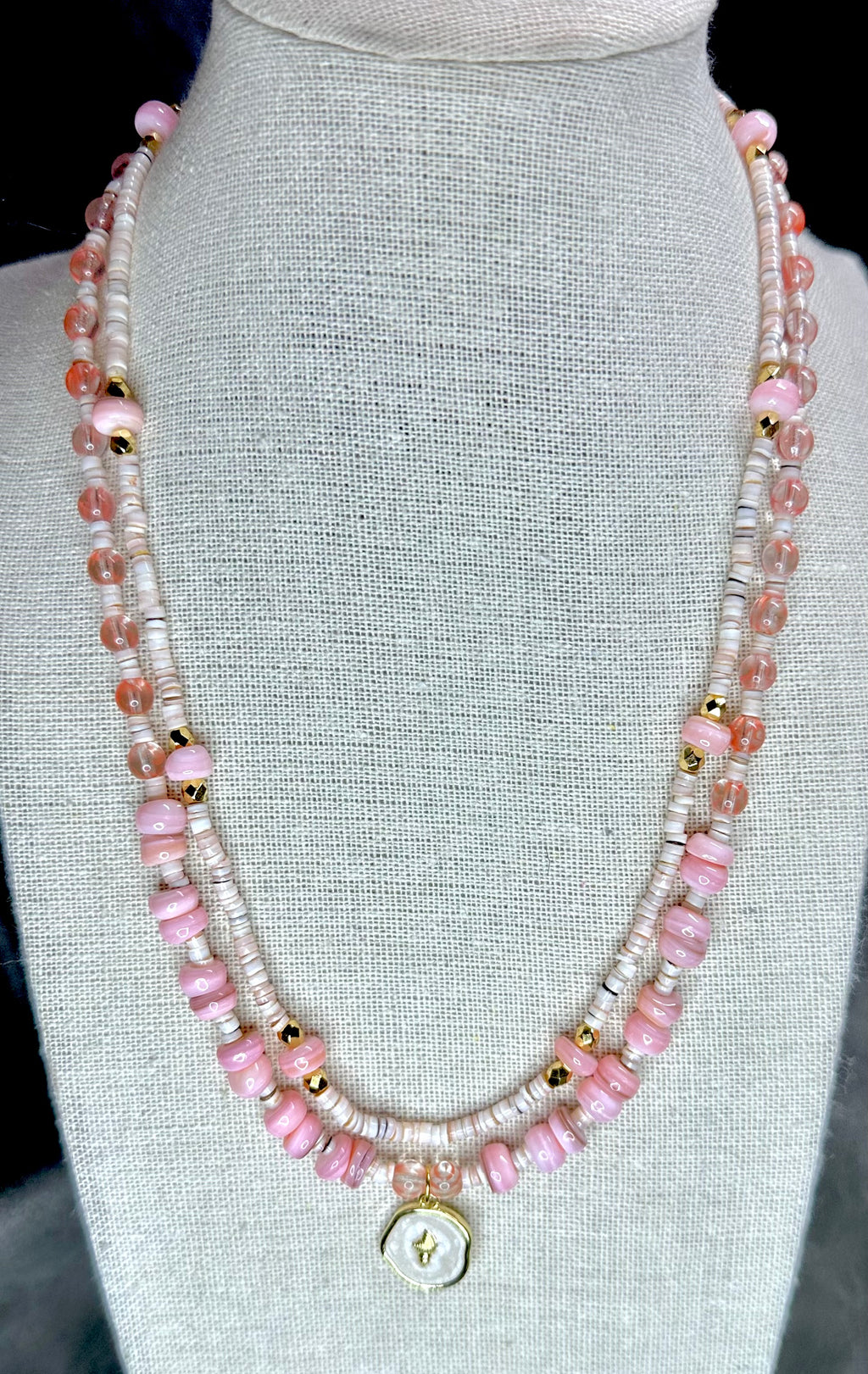 Rose Heishi Beads with Cherry Quartz and Freshwater Pearls Layer Necklaces