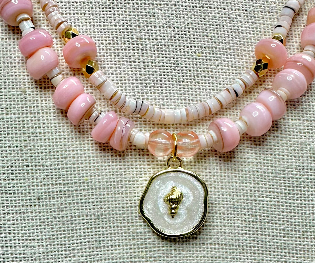 Rose Heishi Beads with Cherry Quartz and Freshwater Pearls Layer Necklaces