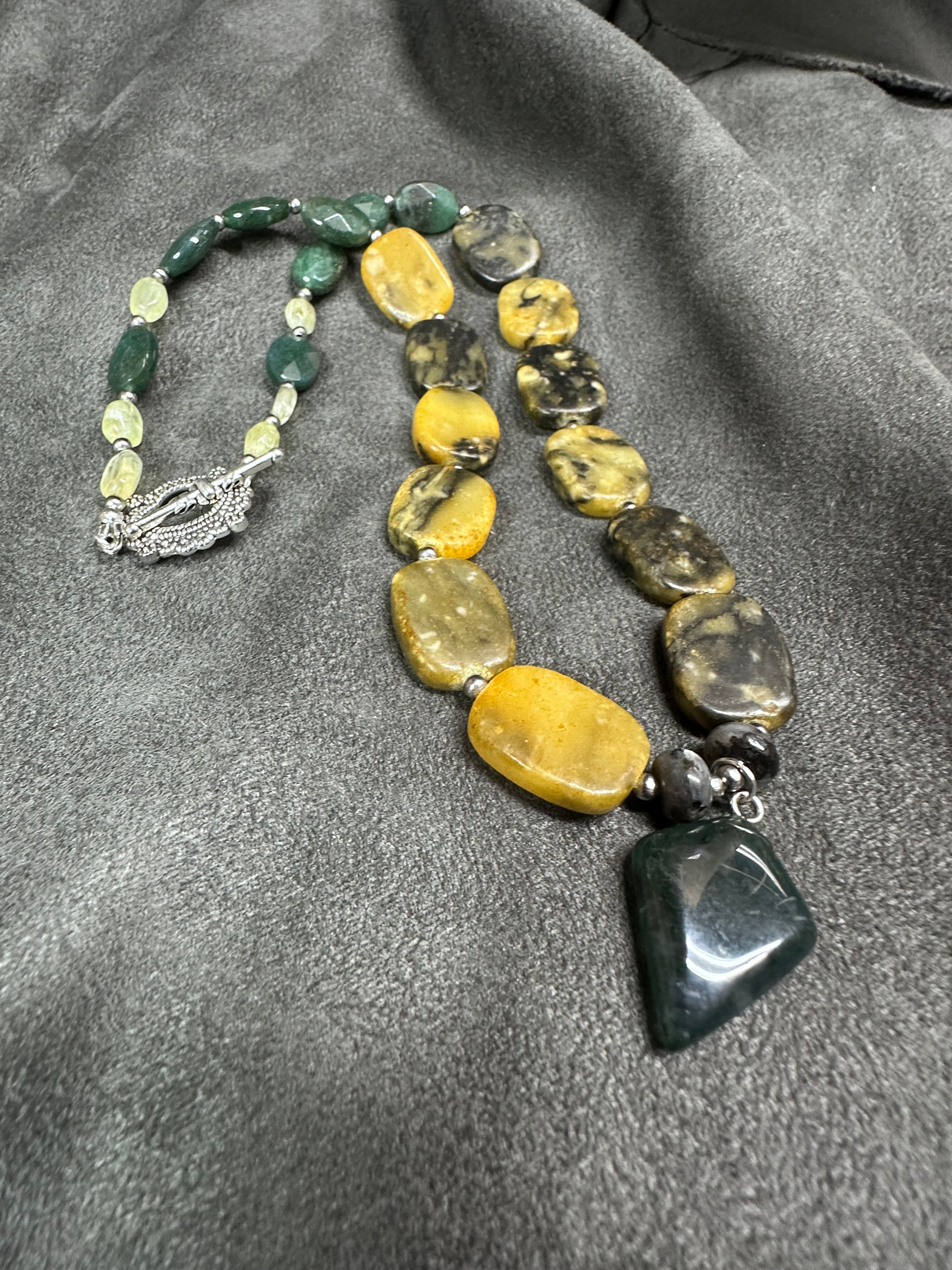 Septarian Stone, Green agate, Chalcedony w/Moss Agate Pendant