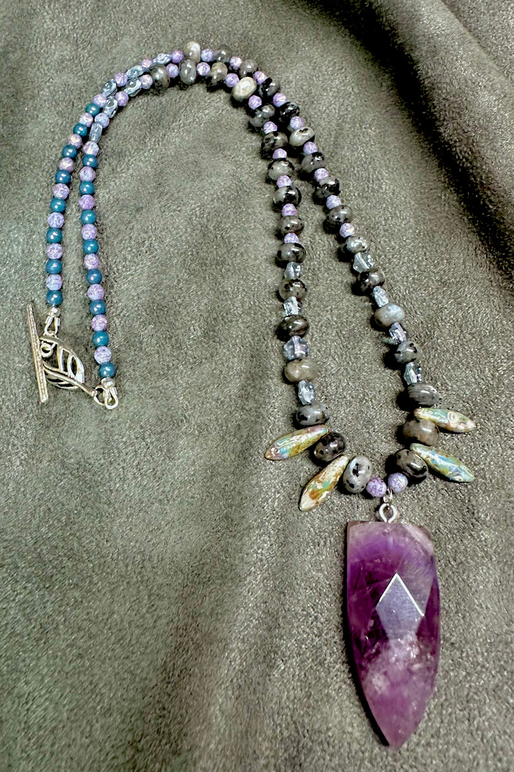 Larvikite, Czech Glass and Amethyst Pendant Necklace