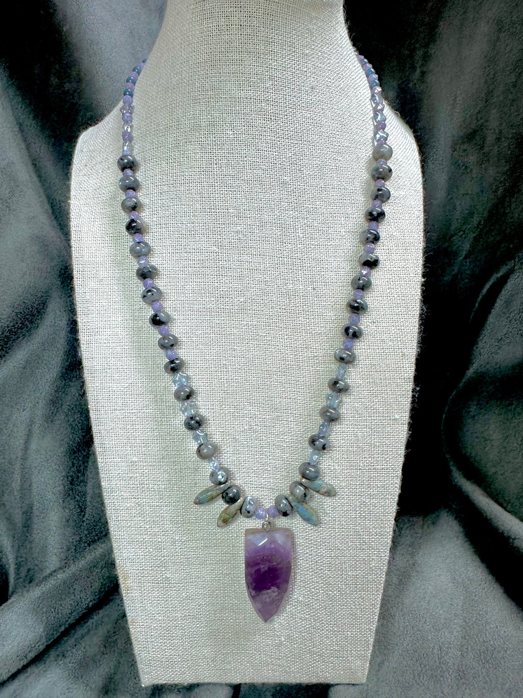 Larvikite, Czech Glass and Amethyst Pendant Necklace