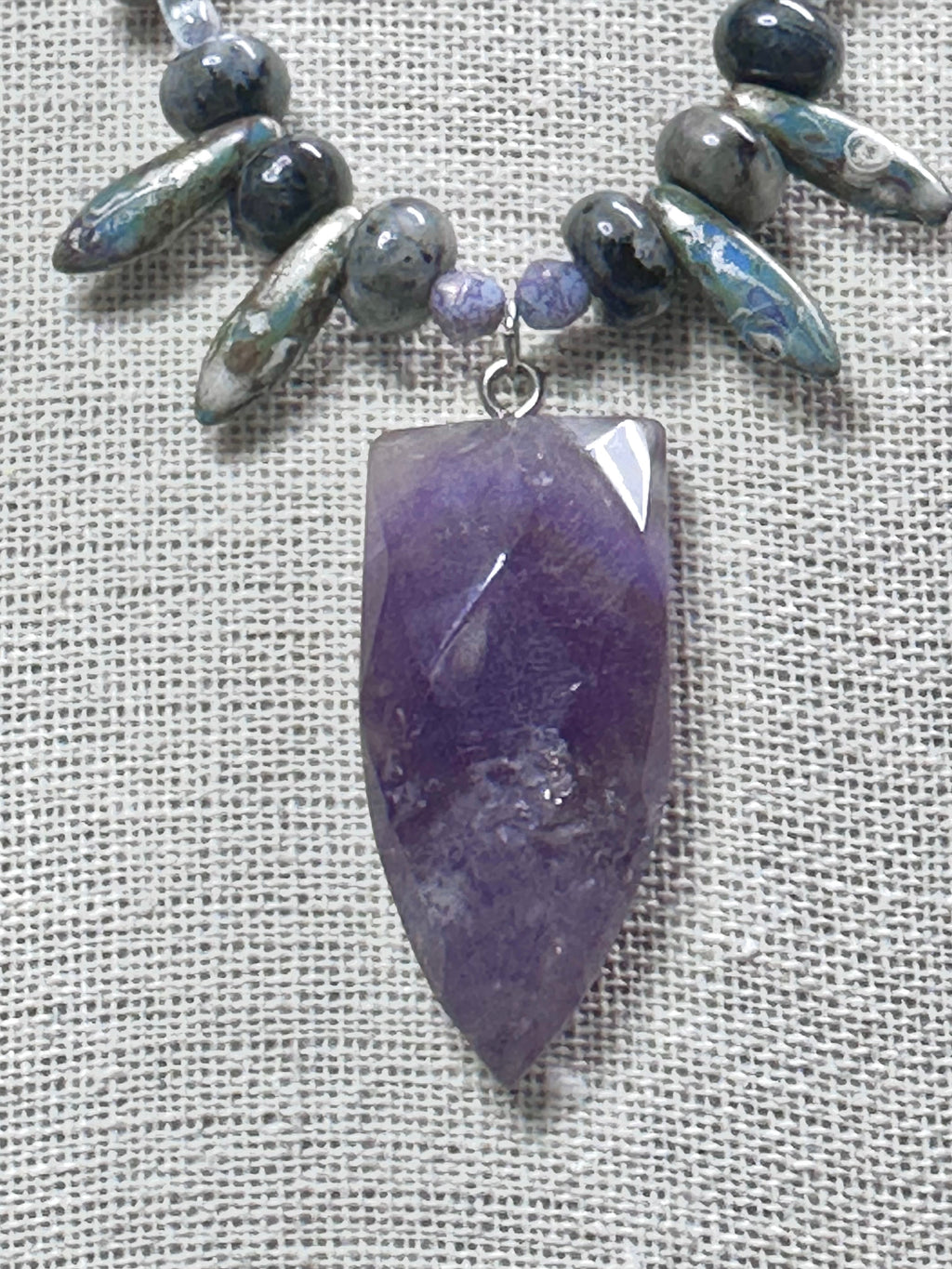 Larvikite, Czech Glass and Amethyst Pendant Necklace