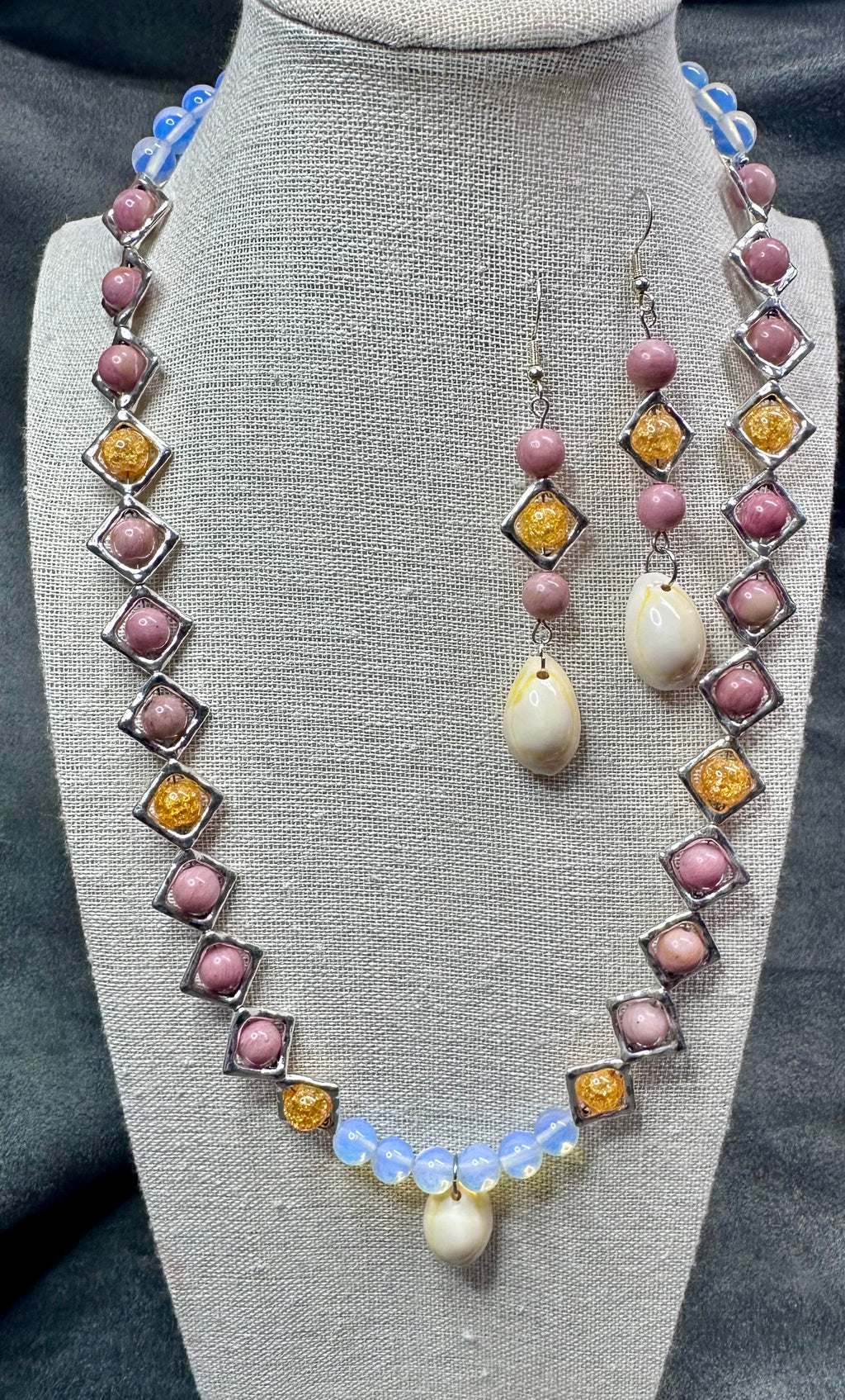 Pink Rhodonite, Yellow Crackle Bead in Stainless Steel Diamonds