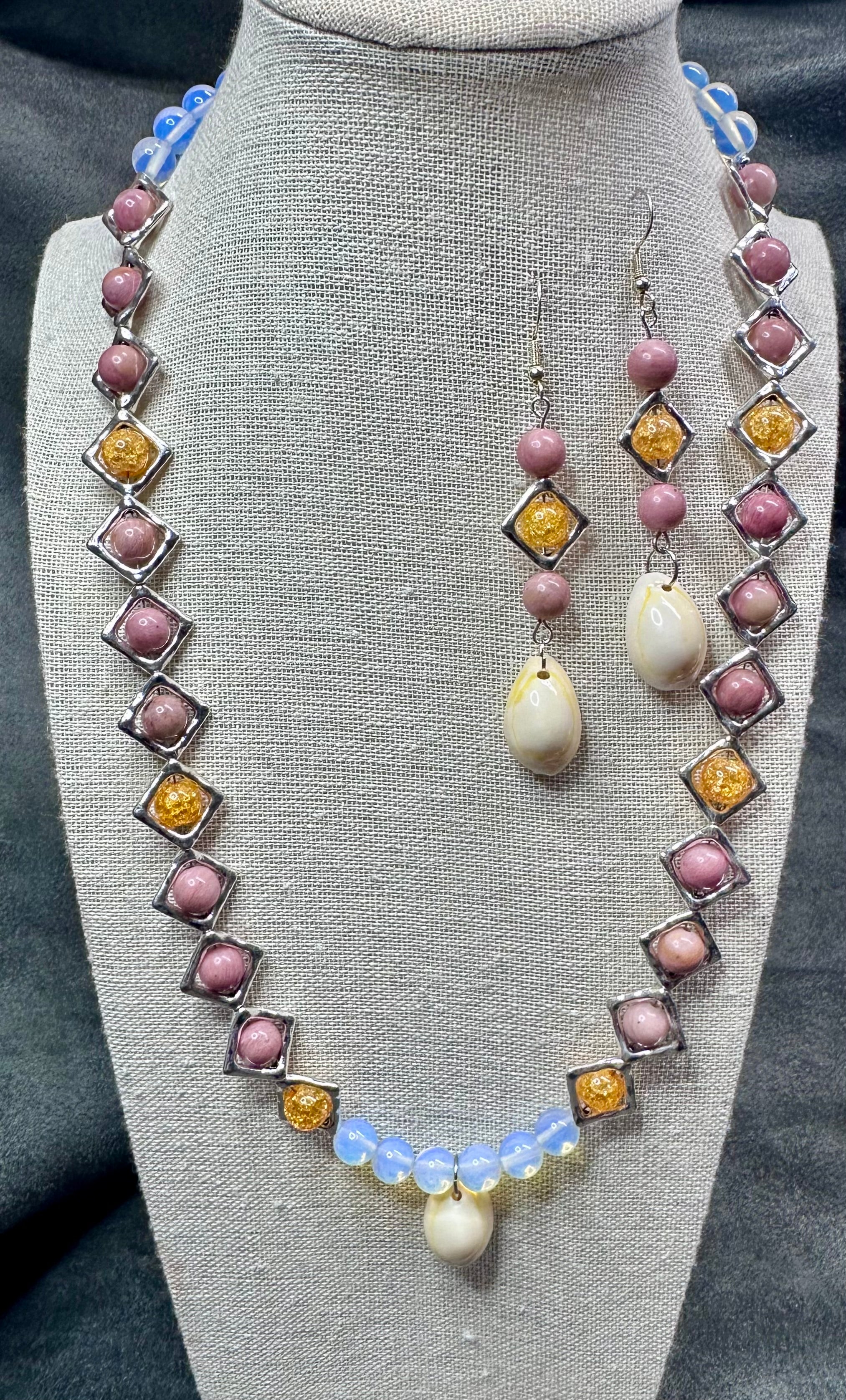 Pink Rhodonite, Yellow Crackle Bead in Stainless Steel Diamonds