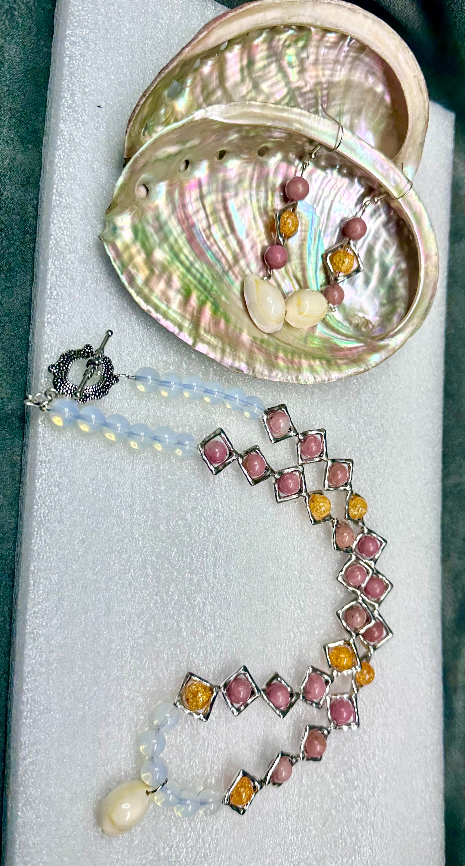 Pink Rhodonite, Yellow Crackle Bead in Stainless Steel Diamonds