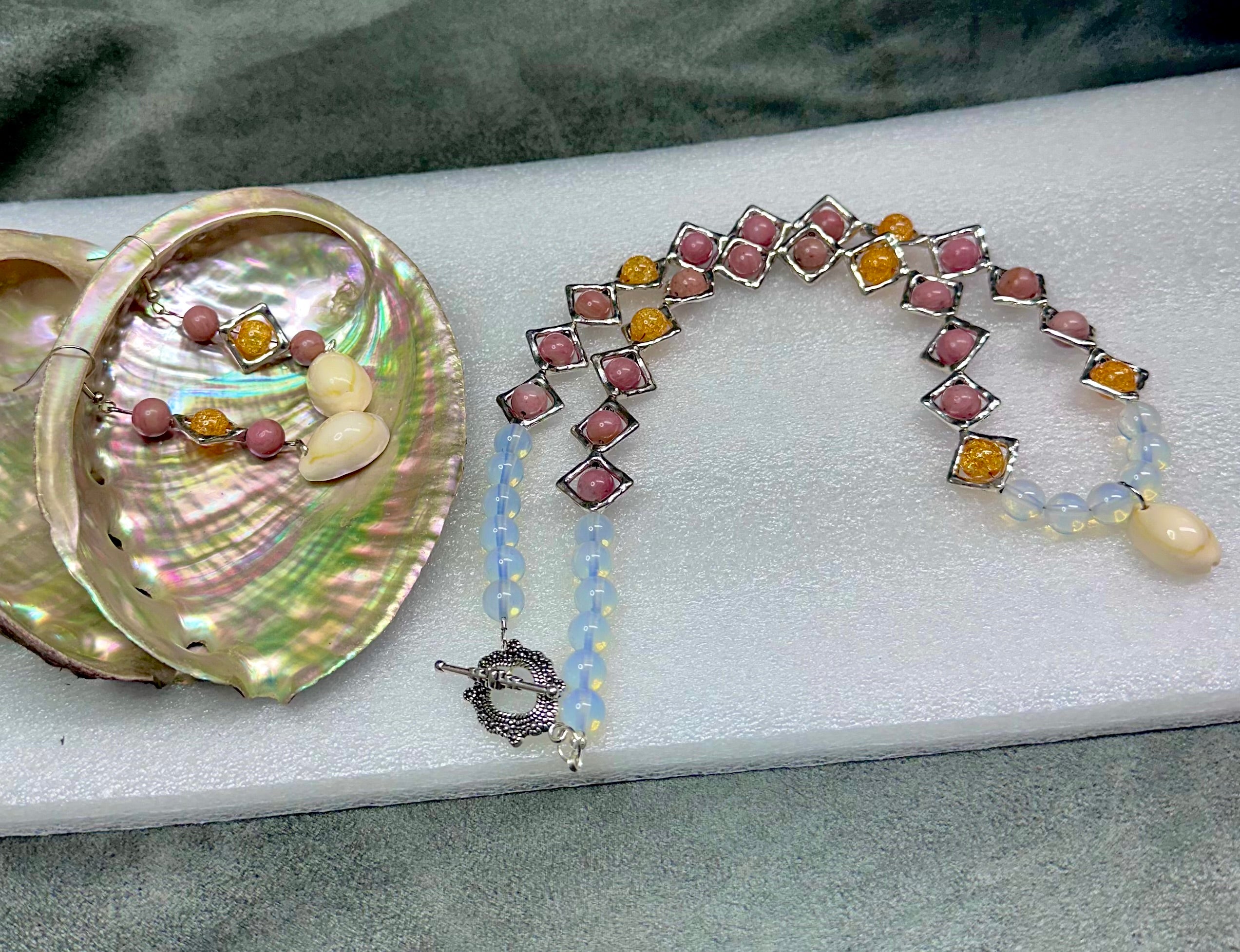 Pink Rhodonite, Yellow Crackle Bead in Stainless Steel Diamonds