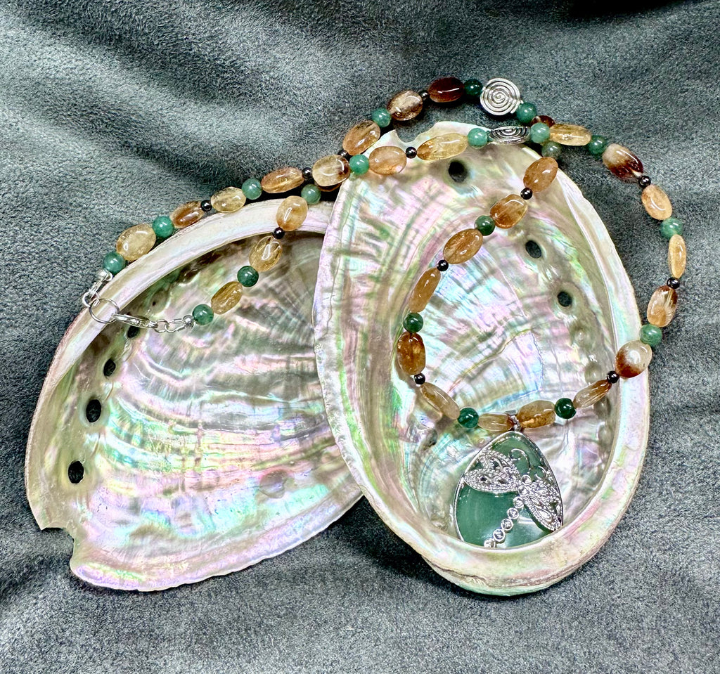 Green Aventurine, Amber. Stainless Steel w/Dragonfly Pendant Necklace