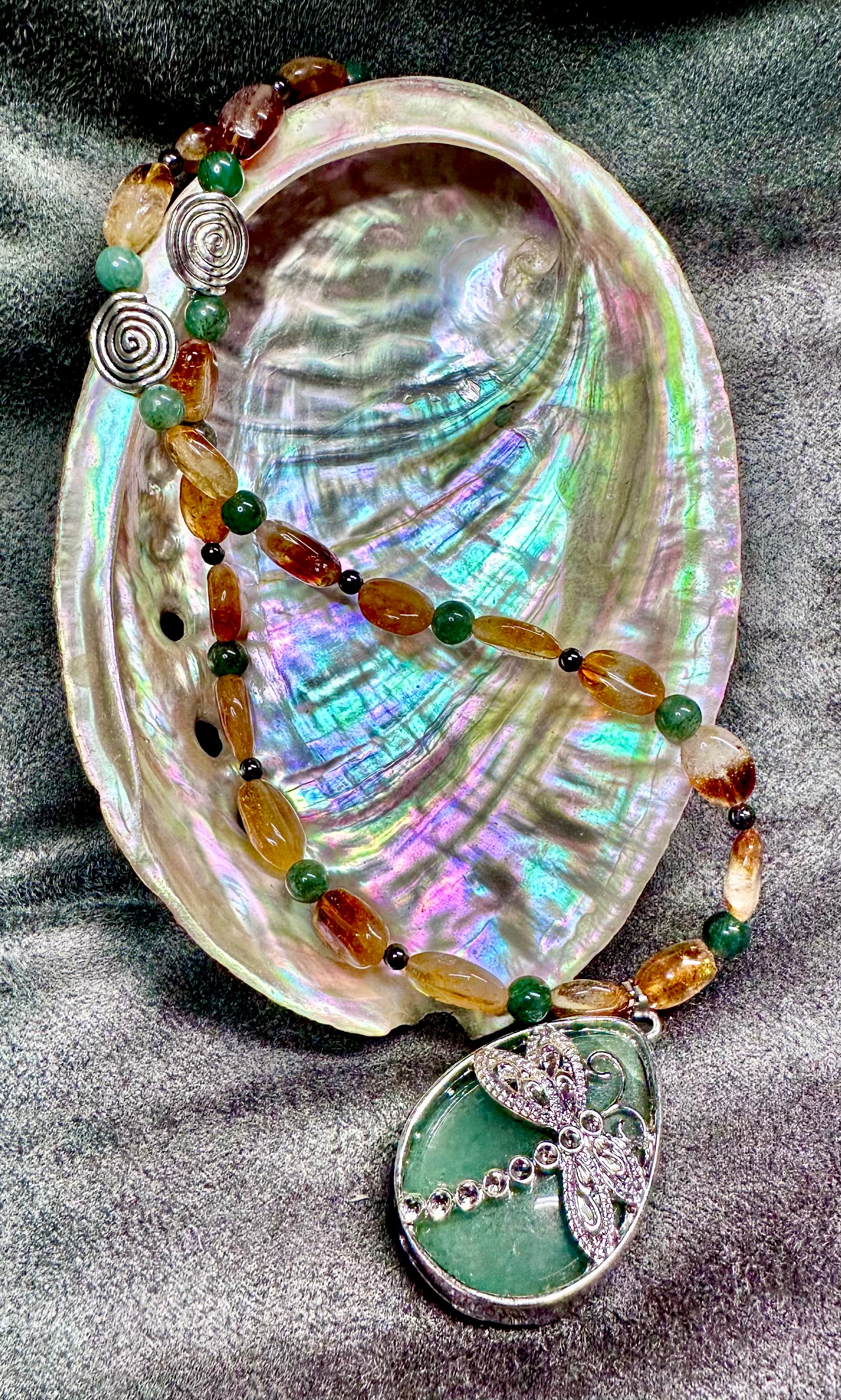 Green Aventurine, Amber. Stainless Steel w/Dragonfly Pendant Necklace