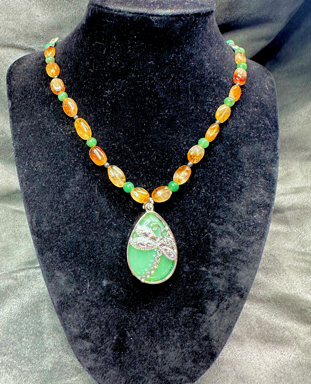 Green Aventurine, Amber. Stainless Steel w/Dragonfly Pendant Necklace