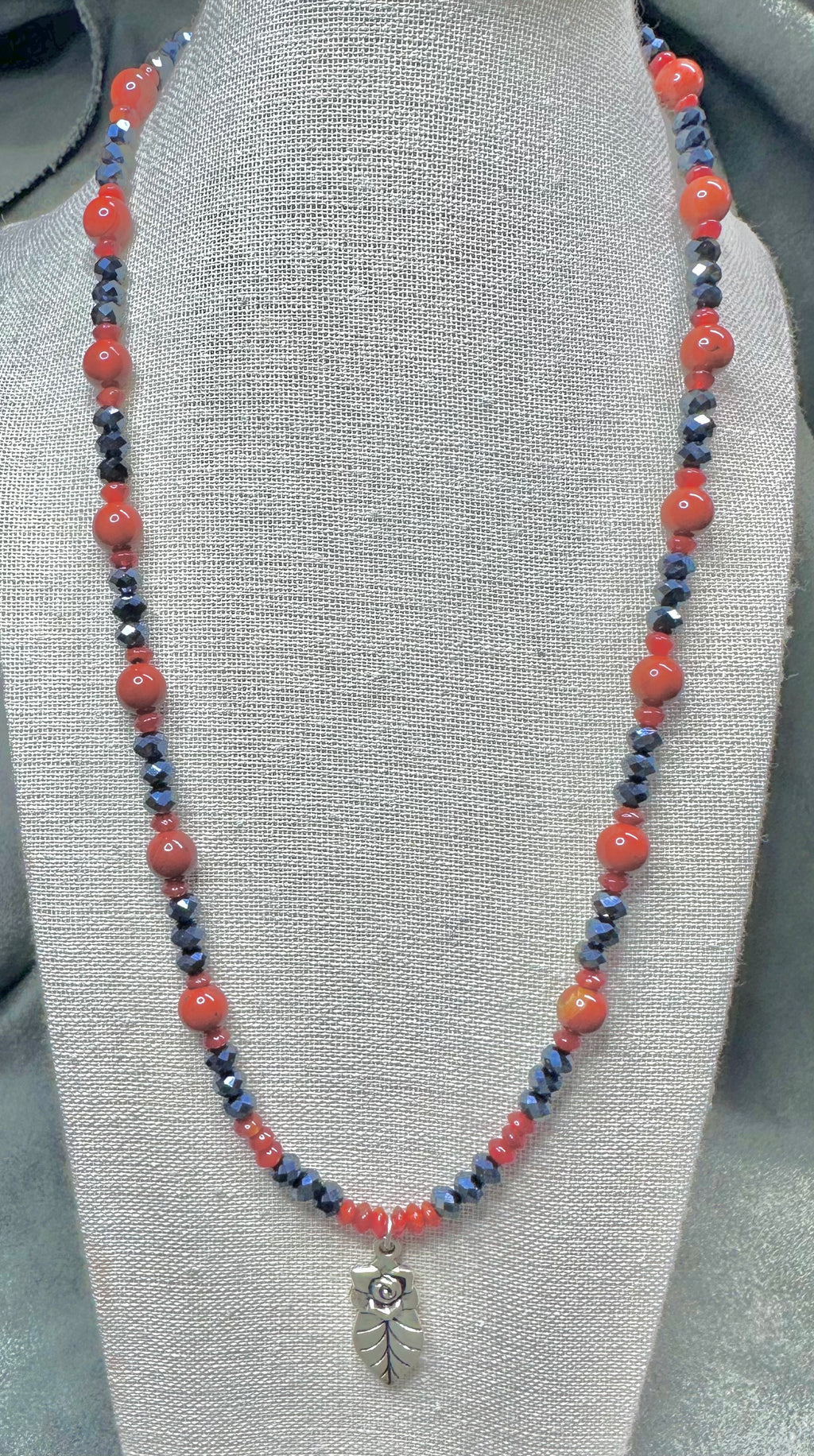 Carnelian and Crystal Necklace with Rose/Leaf Pendant