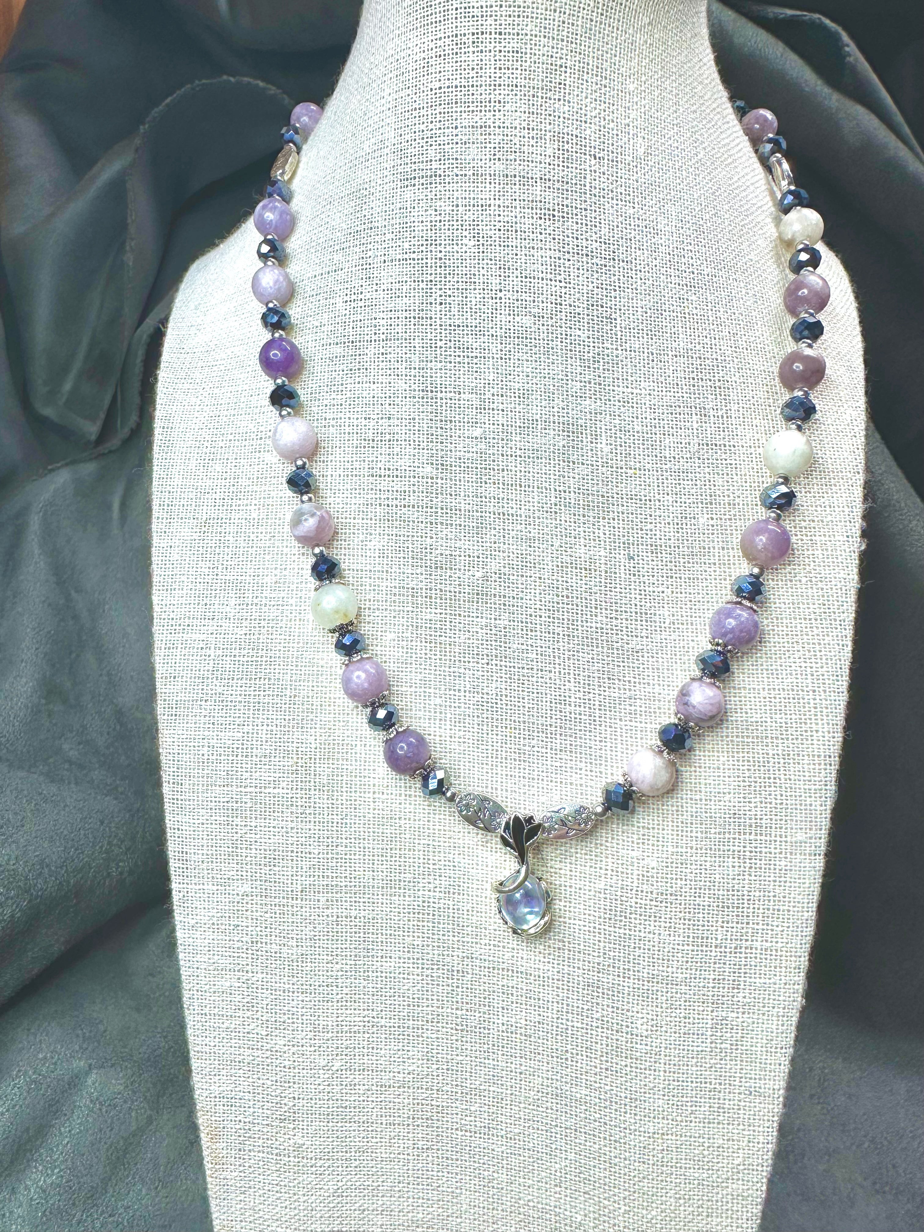 Lepedolite, Crystal and Stainless Steel w/Moonstone Pendant Necklace
