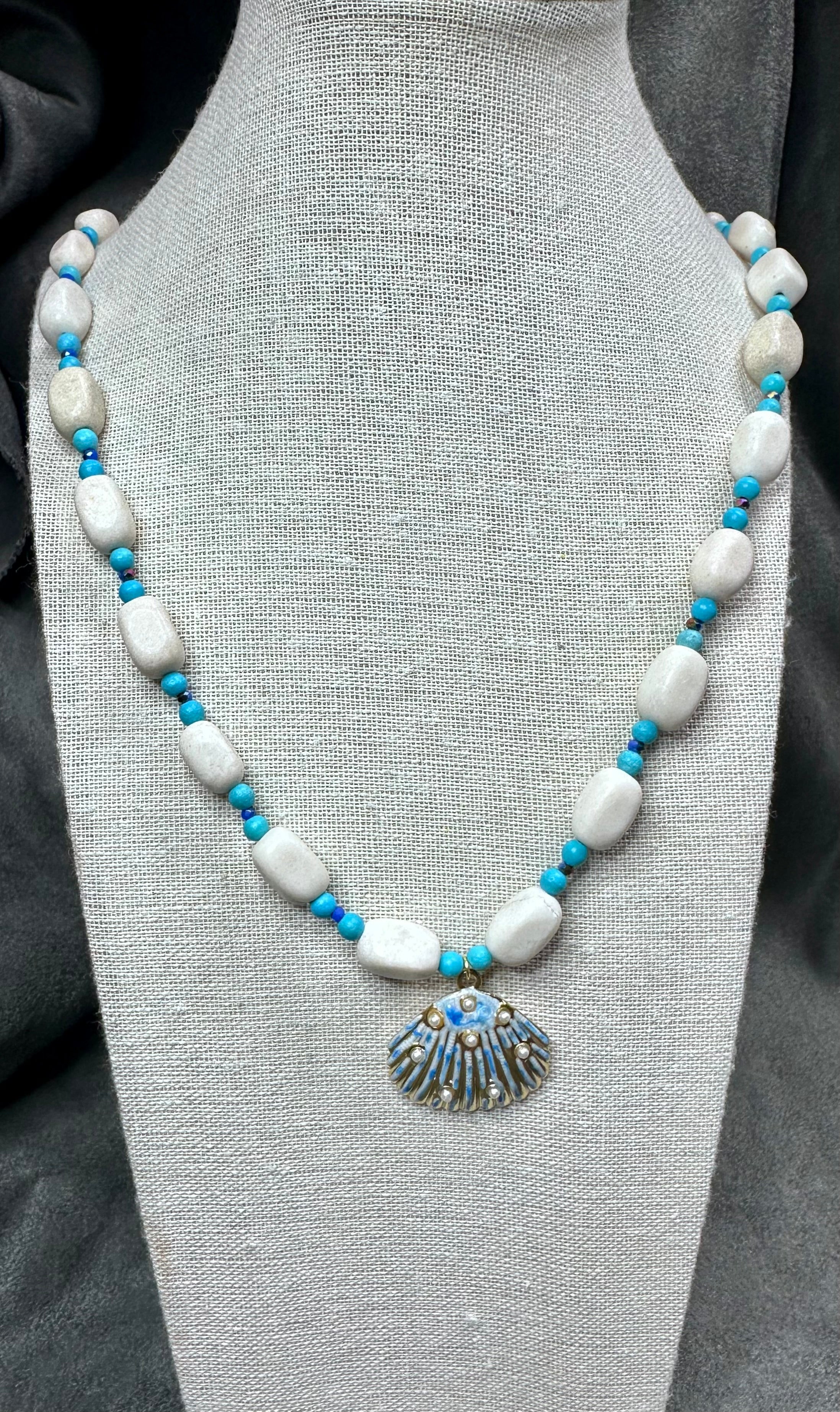 Natural White Stone and Turquoise with Shell Pendant