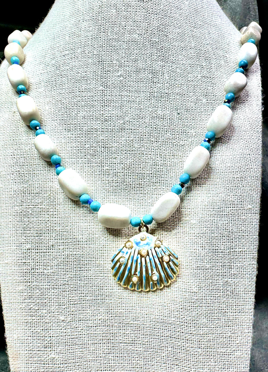 Natural White Stone and Turquoise with Shell Pendant