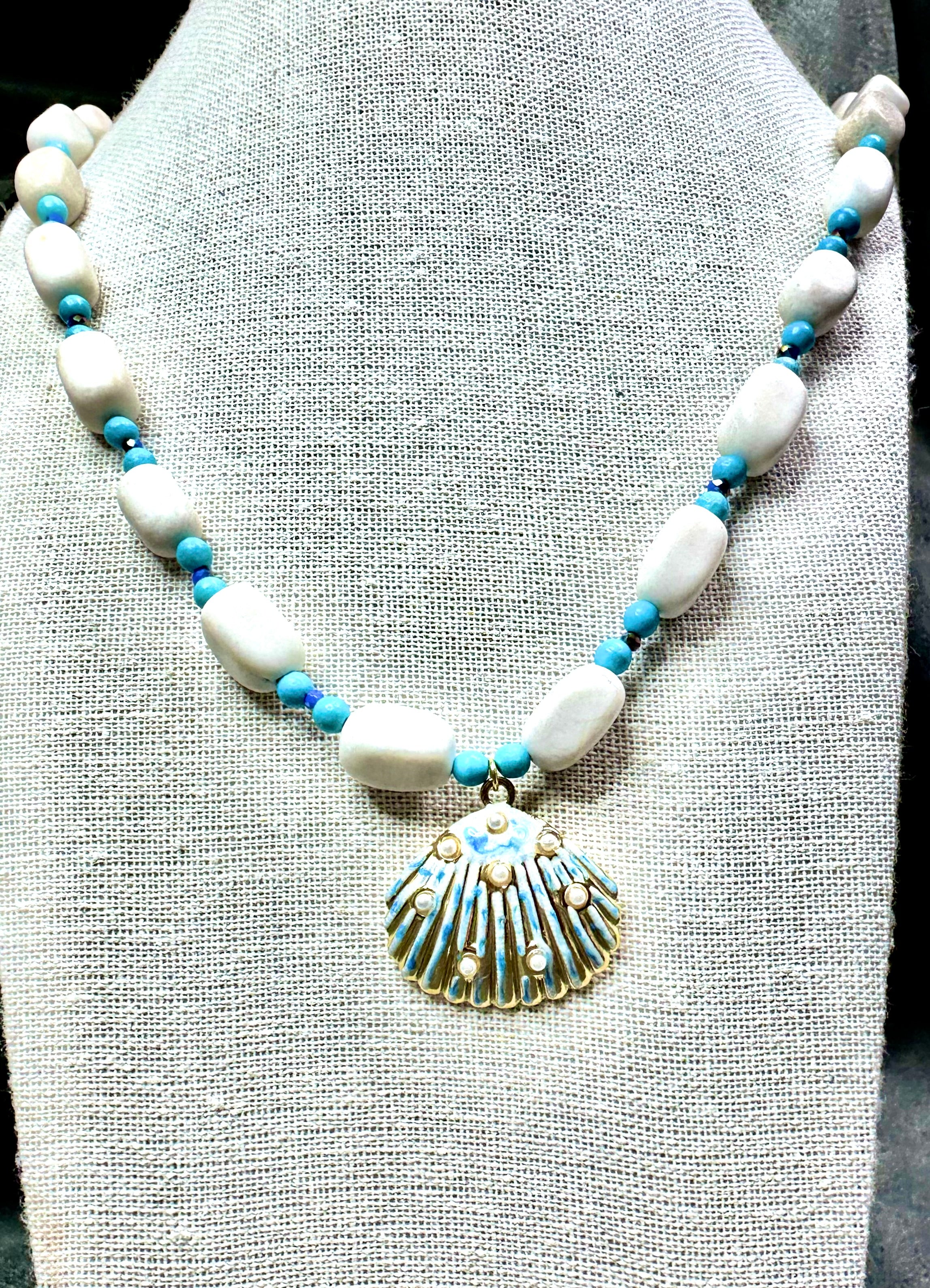 Natural White Stone and Turquoise with Shell Pendant