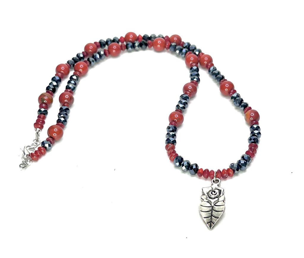 Carnelian and Crystal Necklace with Rose/Leaf Pendant