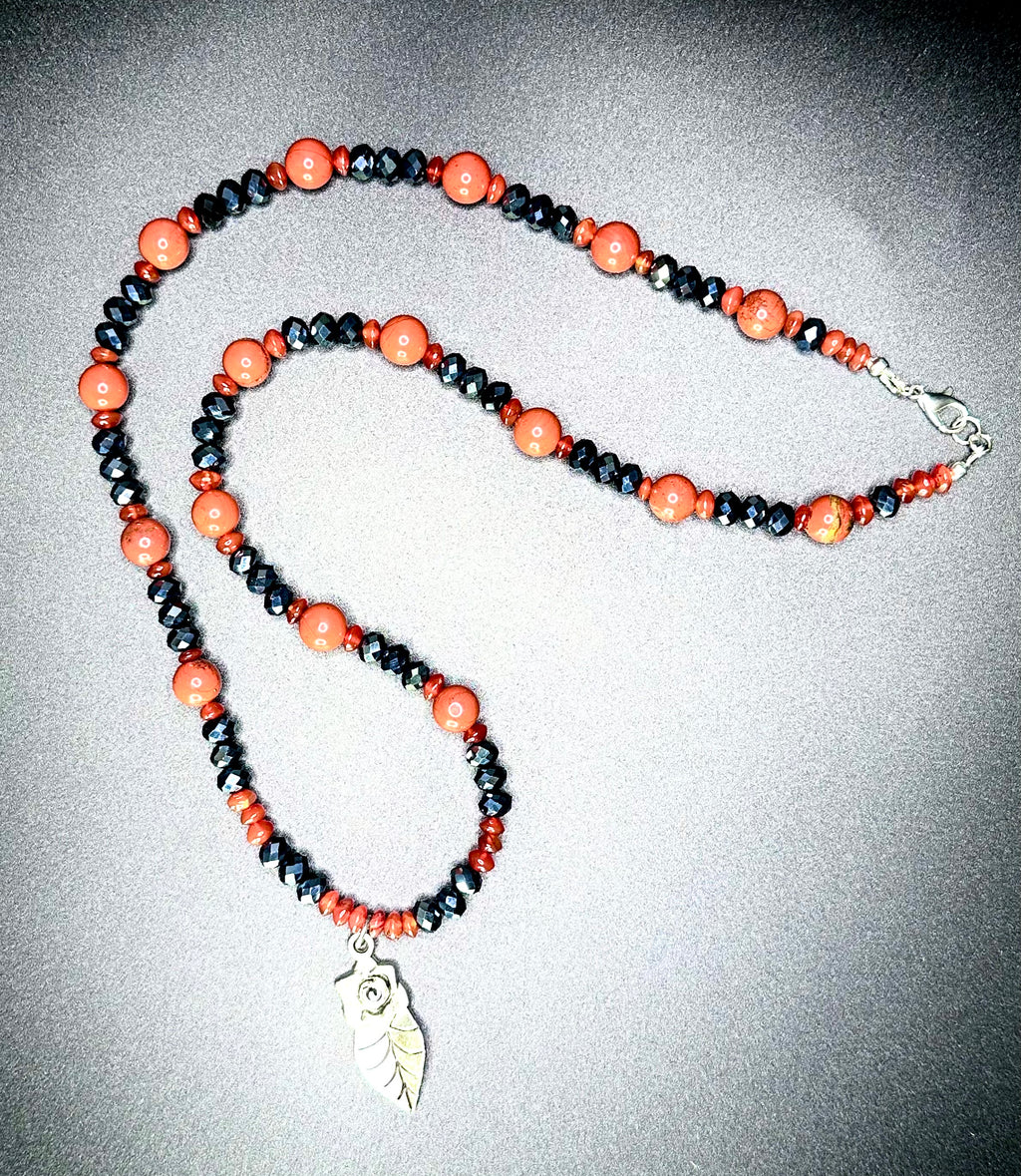 Carnelian and Crystal Necklace with Rose/Leaf Pendant