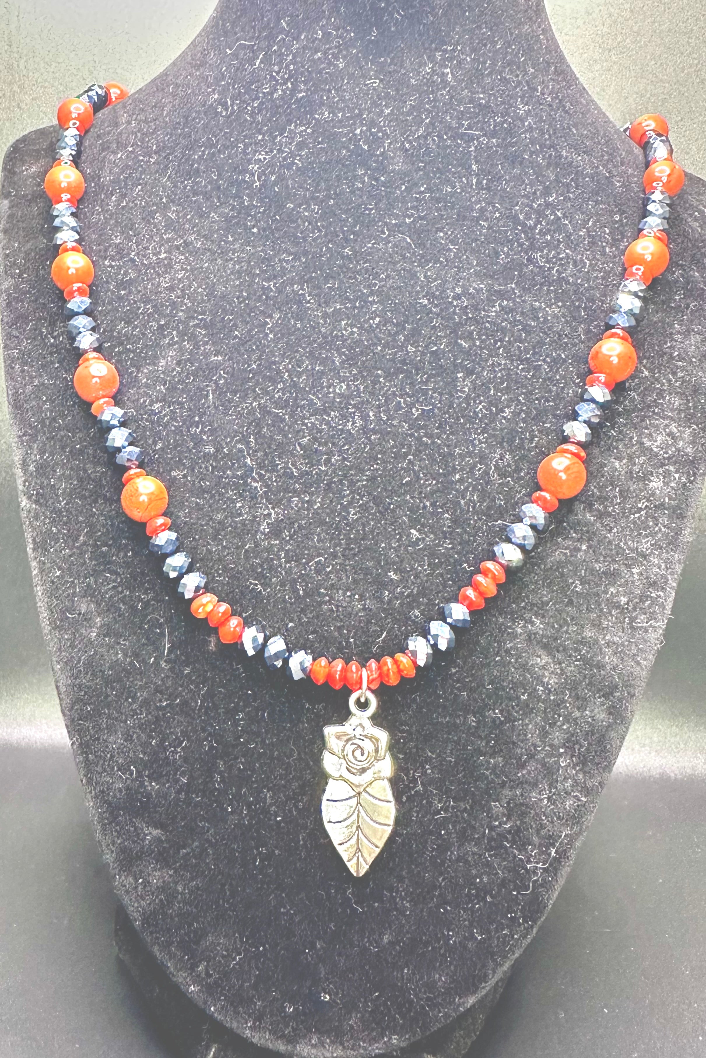 Carnelian and Crystal Necklace with Rose/Leaf Pendant